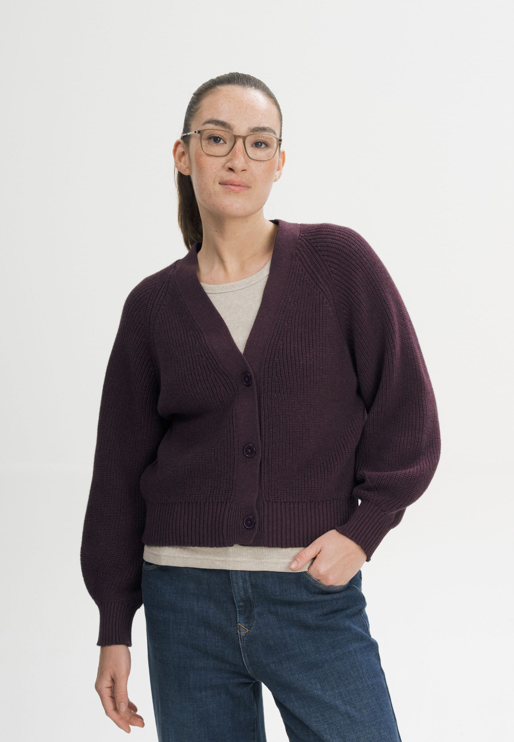 MELA Cardigan Rippstrick Cardigan Style BHUMA Gerippte Bündchen und gerippter Saum