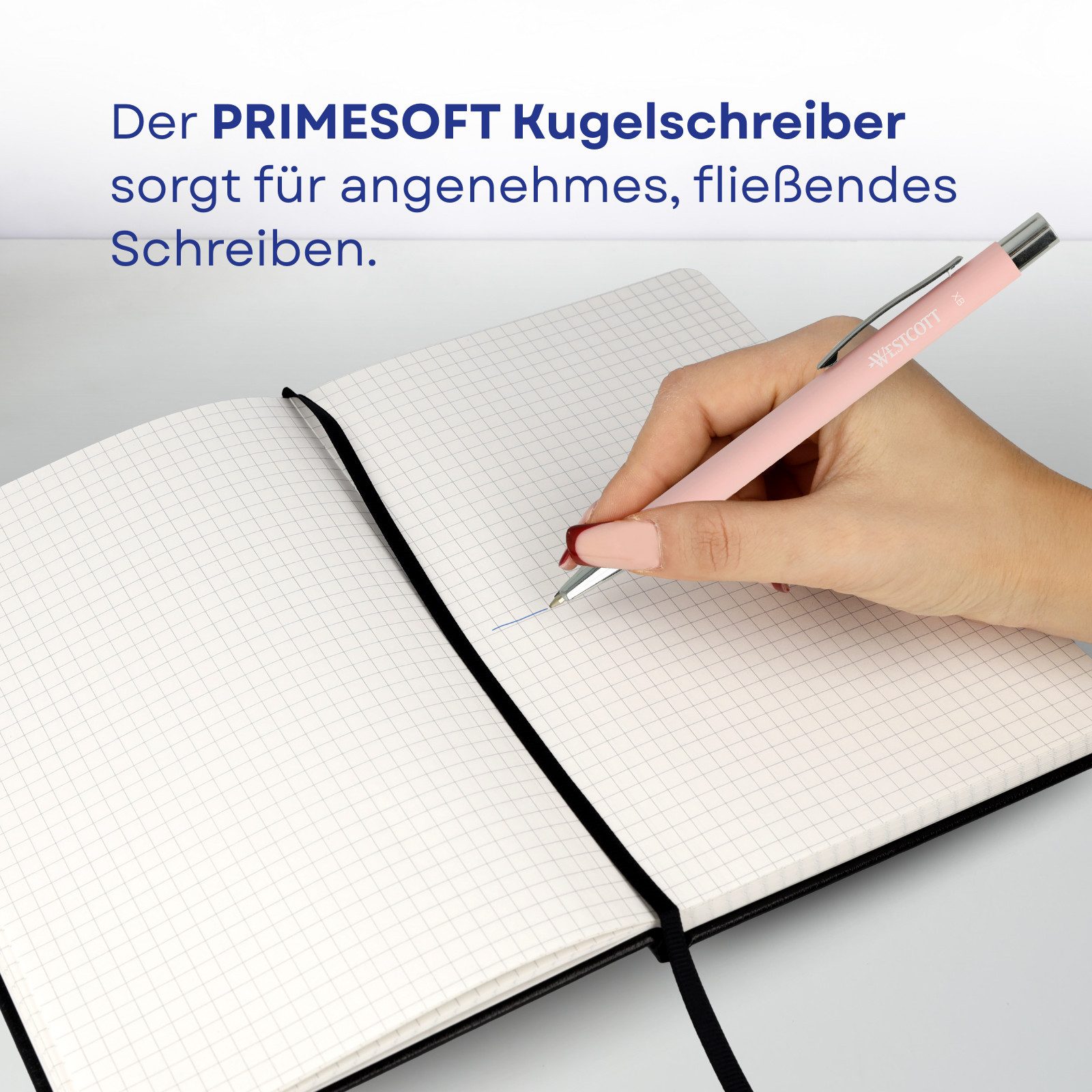 WESTCOTT Notizbuch DIN A5 kariert (2er-Set) inkl. PRIMESOFT Kugelschreiber, 80 g/m² FSC, Innentasche, Lesezeichen, Gummizug, Stifthalter – Bild 5 von 5