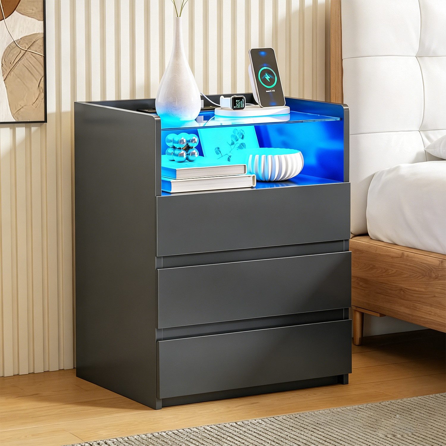 MSMASK Nachttisch mit LED-Beleuchtung und Steckdosen, 3 Schubladen, 45x35x61cm (1-St), Nachtschrank mit Sichtbarer Glastischplatte