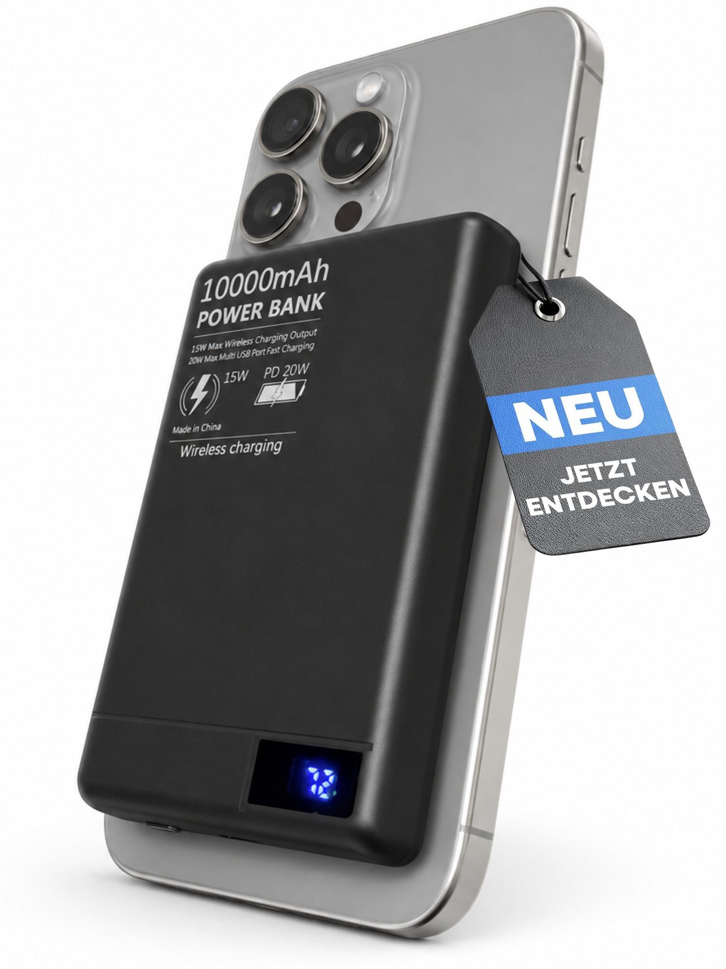 RUHE Magnetisch Powerbank Magsafe kompatibel Kabellos Glas LED-Anzeige USBC Powerbank PB PB 10000 mAh (12 V, 1 St), Akku Powerbank 10000 mAh MagSafe magnetisch 15W kabellos 20W USB-C LED