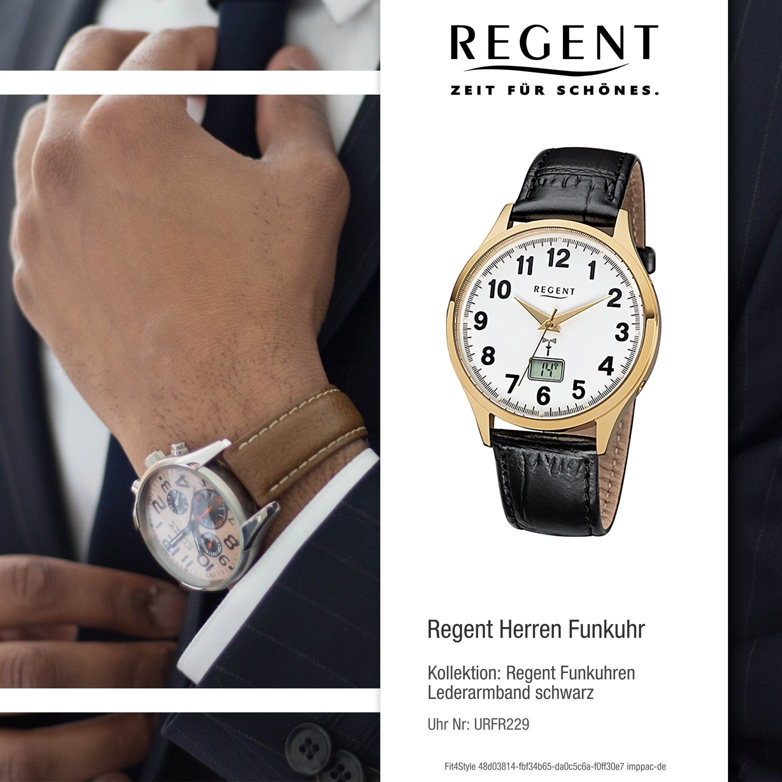 Gehäuse, (ca. Uhr Leder 40mm), Lederarmband, Funkuhr Herrenuhr Regent Elegant-Style mit FR-229 Regent Funkuhr, Herren rundes