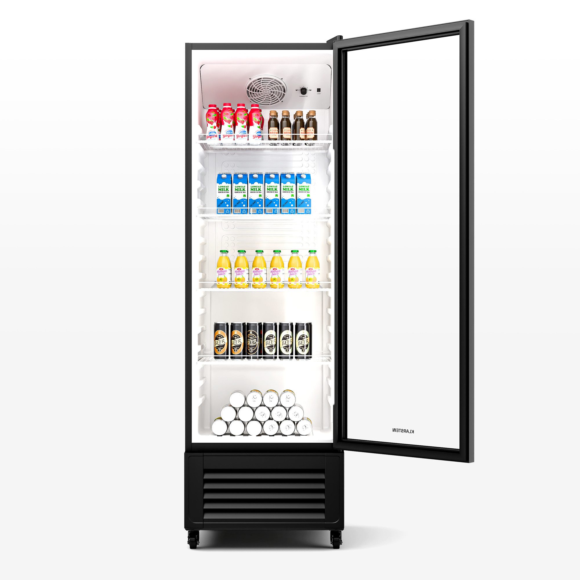 Klarstein Getränkekühlschrank GrandCooler 306 Getränkekühlschrank 306L 4 Regale 0-10°C LED R600A 10046643, 192 cm hoch, 59.5 cm breit, Bier Hausbar Hotel Fridge mit Glastür & Rollen für 306 Liter