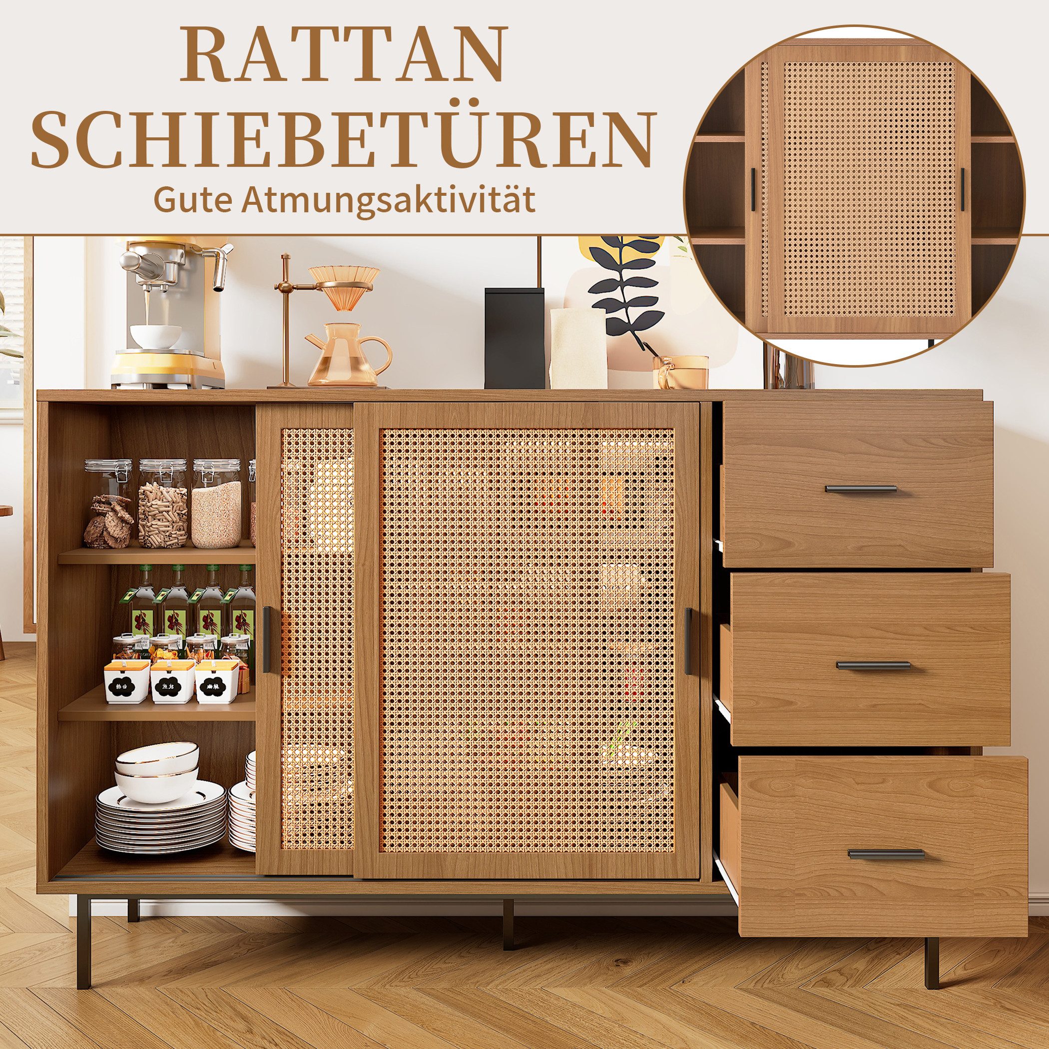 SeedWave Sideboard Retro Wohnzimmerschrank mit 2 Rattan-Schiebetüren, 3 Schubladen, Kommode inklusive 2 höhenverstellbare Einlegeböden, Metallfüße
