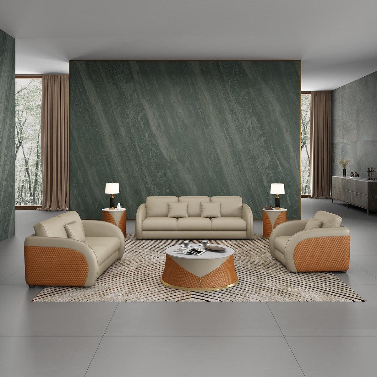 JVmoebel Wohnzimmer-Set, Sofagarnitur 2 Set 3 Sitzer Grau/Orange Design 1 Sofa Polster Couch Couchen