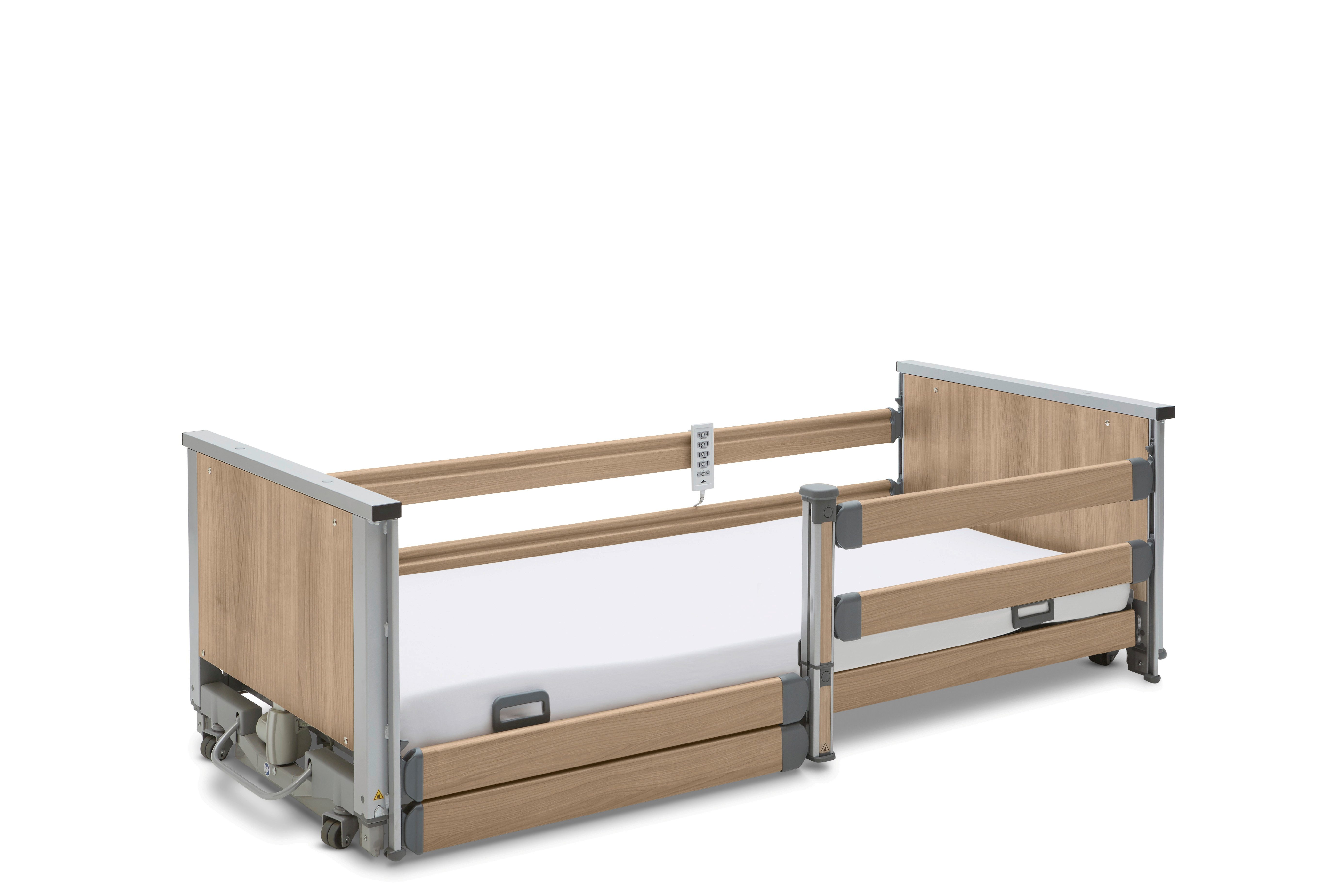 Burmeier Bett Pflegebett Lenus (Großer Höhenverstellbereich von 15 - 80 cm, Mehr Lebensqualität, Innenliegende Rollen), Inklusive Aufrichter Seitenschutz und Lattenrost