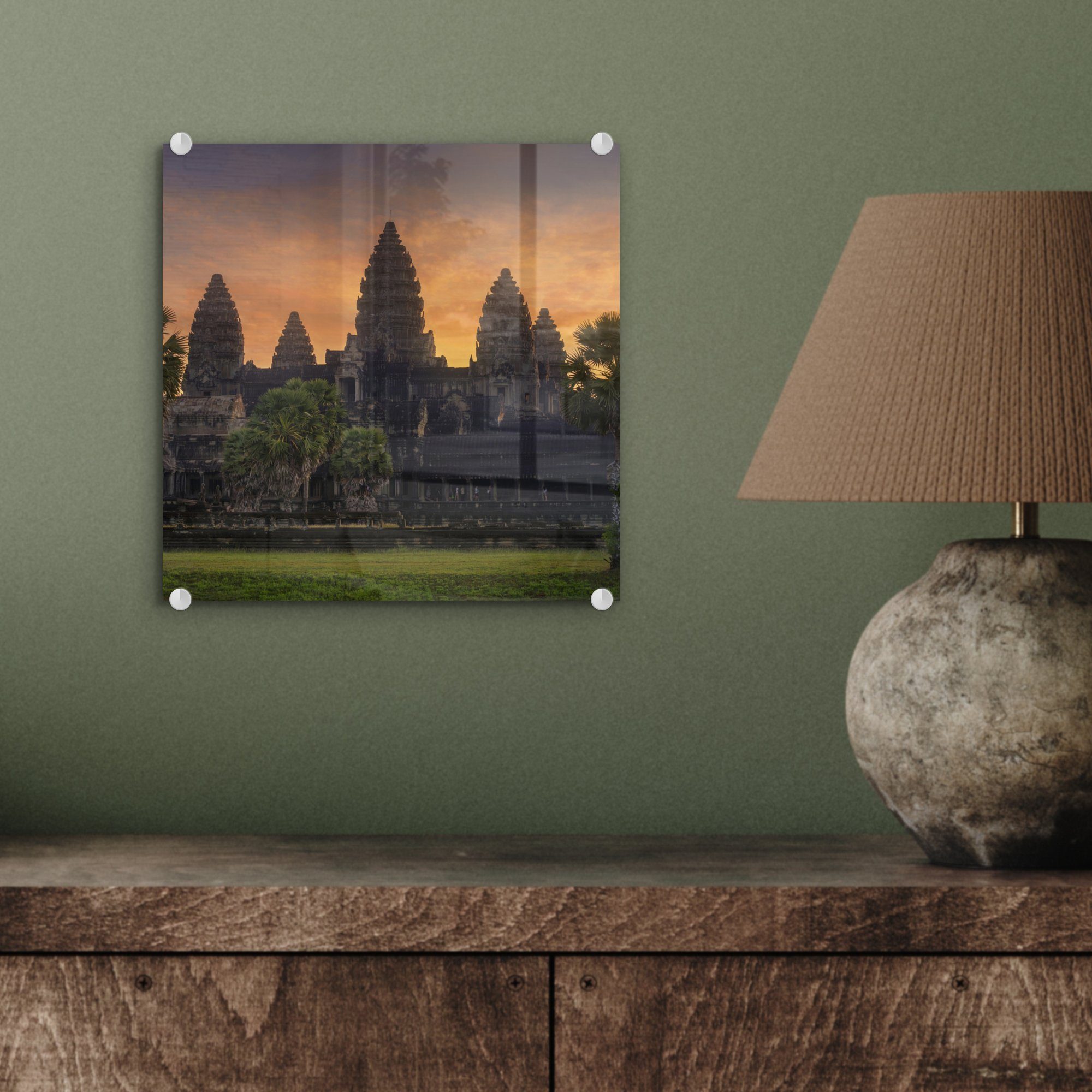 in - Bilder (1 - - St), Glas auf Foto Glas Acrylglasbild Sonnenaufgang Wanddekoration Glasbilder MuchoWow Wandbild Angkor Wat, auf
