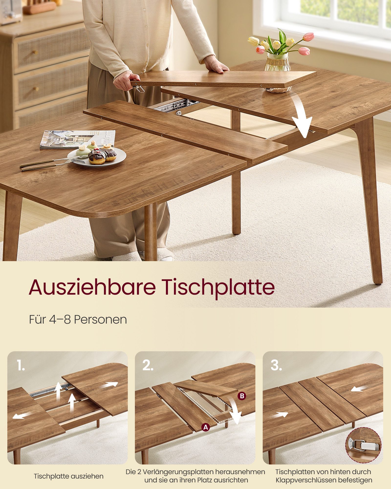 VASAGLE Esstisch Ausziehbarer Ess- und Küchentisch, mit erweiterbarer Tischplatte, 120 kg belastbar, schlichtes Design