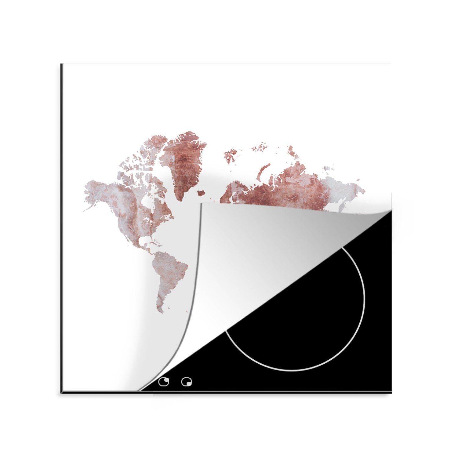 MuchoWow Herdblende-/Abdeckplatte Weltkarte - Rot - Grau, Vinyl, (1 tlg), 78x78 cm, Ceranfeldabdeckung, Arbeitsplatte für küche