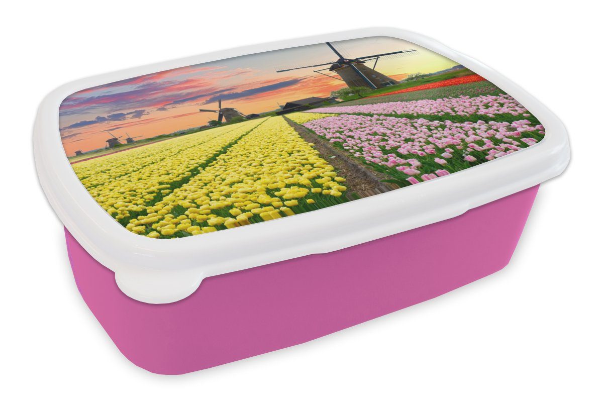 MuchoWow Lunchbox Windmühle - Tulpen - Blumen - Niederlande, Kunststoff, (2-tlg), Brotbox für Erwachsene, Brotdose Kinder, Snackbox, Mädchen, Kunststoff rosa