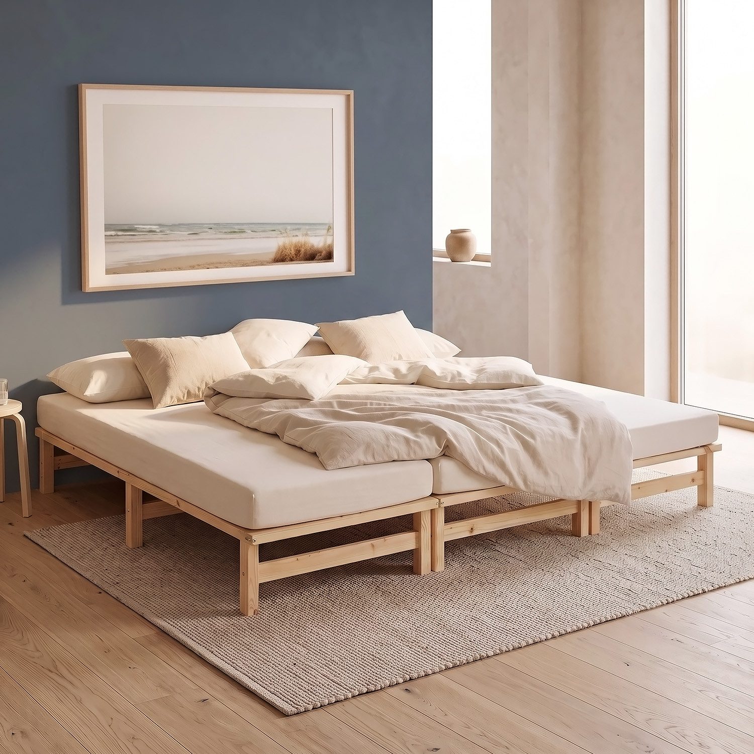 Homestyle4u Holzbett Familienbett 270x200 XXL mit Lattenrost Grau Natur extra groß (Set, mit Lattenrost), 3 einzelne Palettenbetten von jeweils 90x200 cm