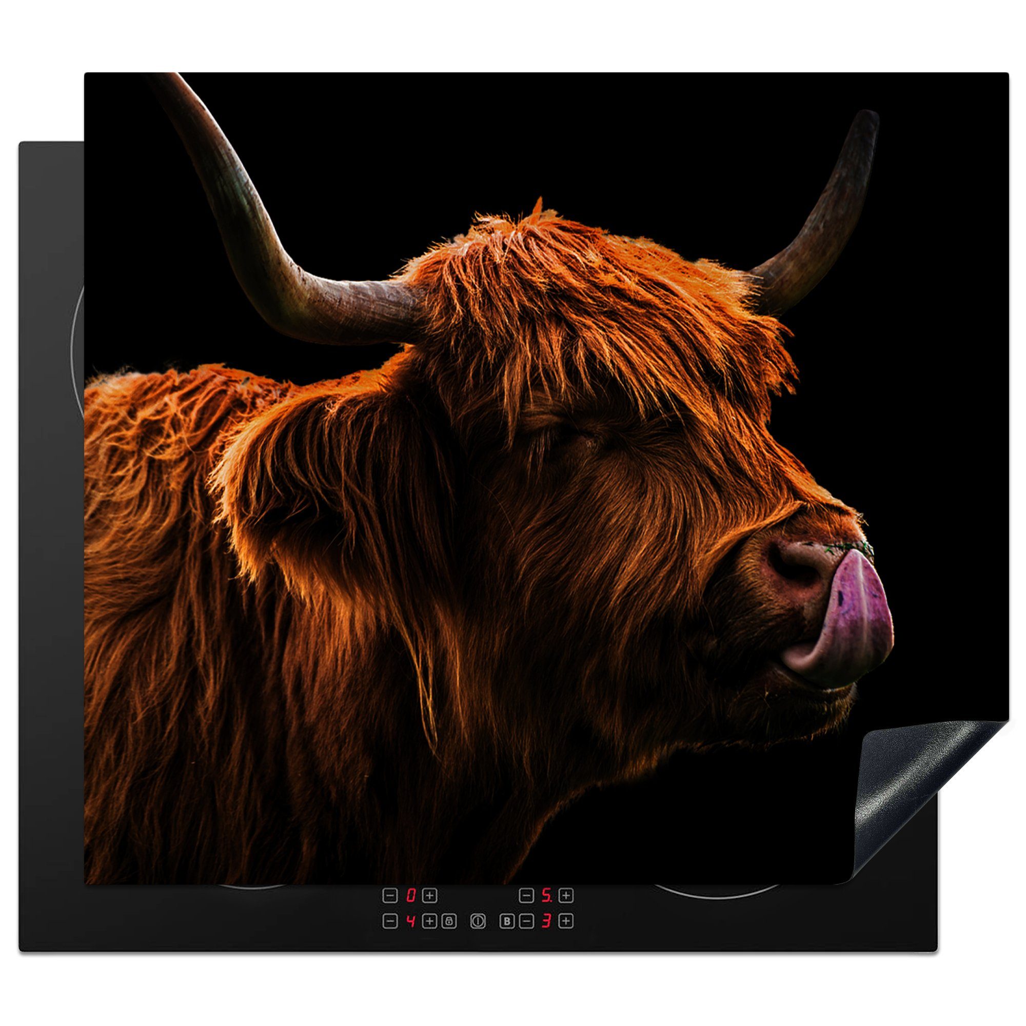 MuchoWow Herdblende-/Abdeckplatte Schottischer Highlander - Zunge - Nase, Vinyl, (1 tlg), 59x52 cm, Ceranfeldabdeckung für die küche, Induktionsmatte