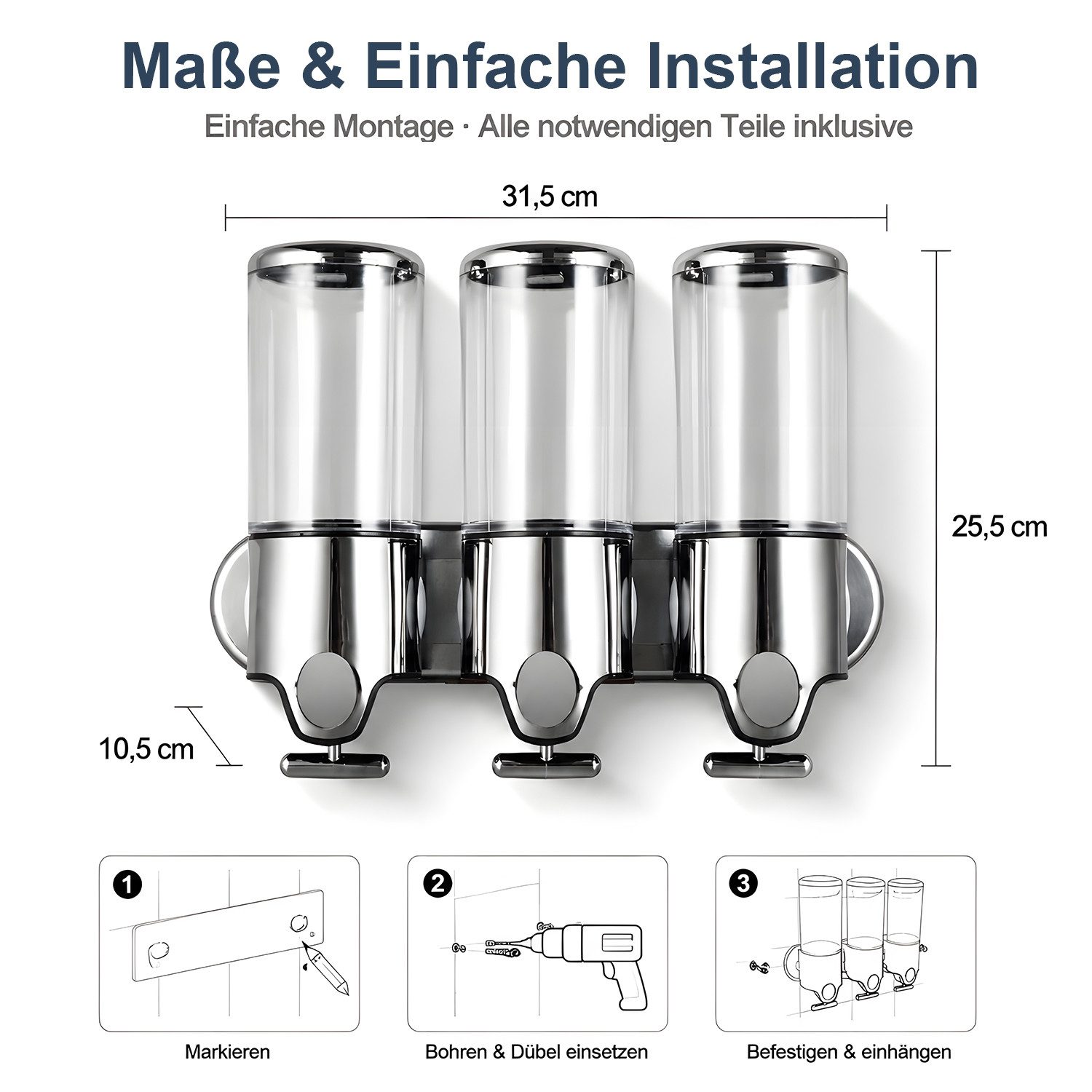 HEYHIPPO Seifenspender Wandseifenspender mit manuellem Druck – 3×500 ml, ABS & Edelstahl, (Lotion-Spender mit transparentem Sichtfenster 31,5×25,5×10,5 cm), 3-K – Bild 2 von 5