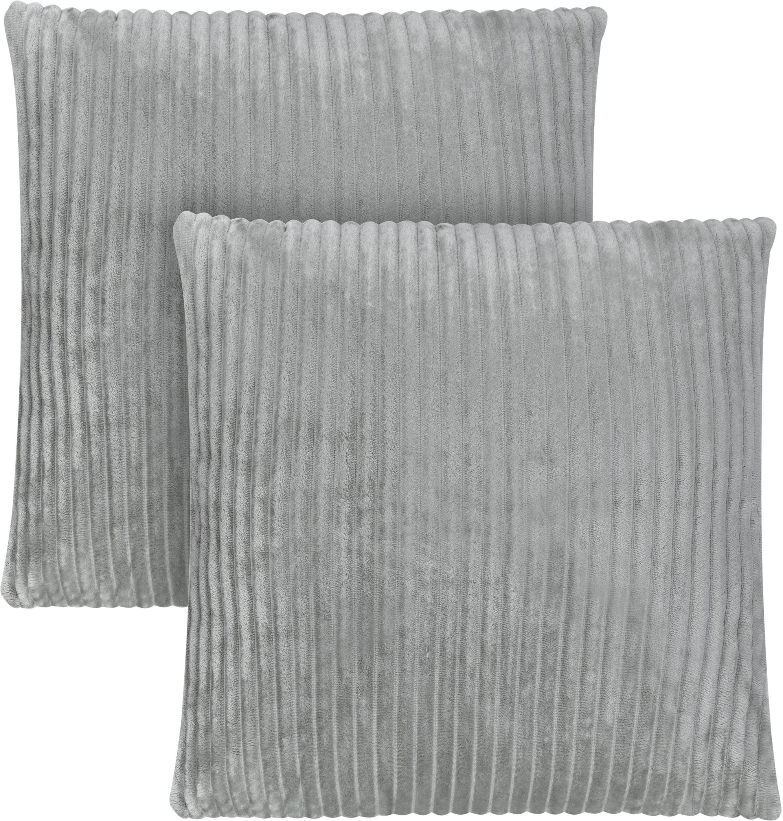 Aspero Dekokissen 2 Kissenbezüge aus Streifen-Flanell 45 x 45 cm, Dekokissen in Samtoptik aus hautsymphatischem Material Hellgrau | Dekokissen