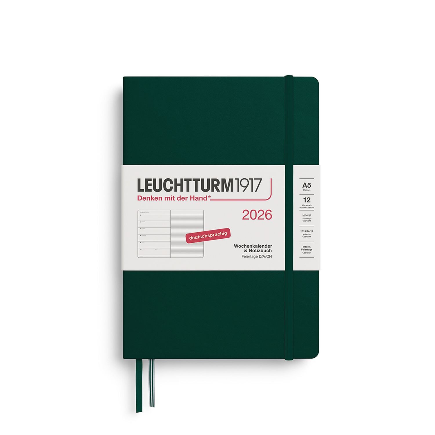 Leuchtturm1917 Taschenkalender Wochenkalender 2026 & Notizbuch Medium A5 Hardcover Forest Green