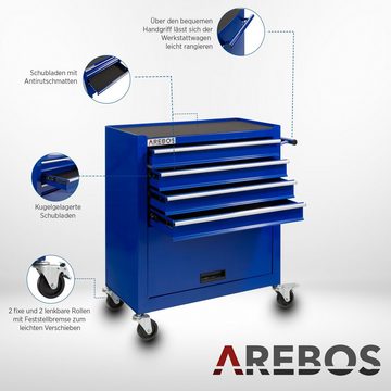 Arebos Werkstattwagen 4 Fächer + großes Fach für Ihr Werkzeug, inkl. Antirutschmatten, blau