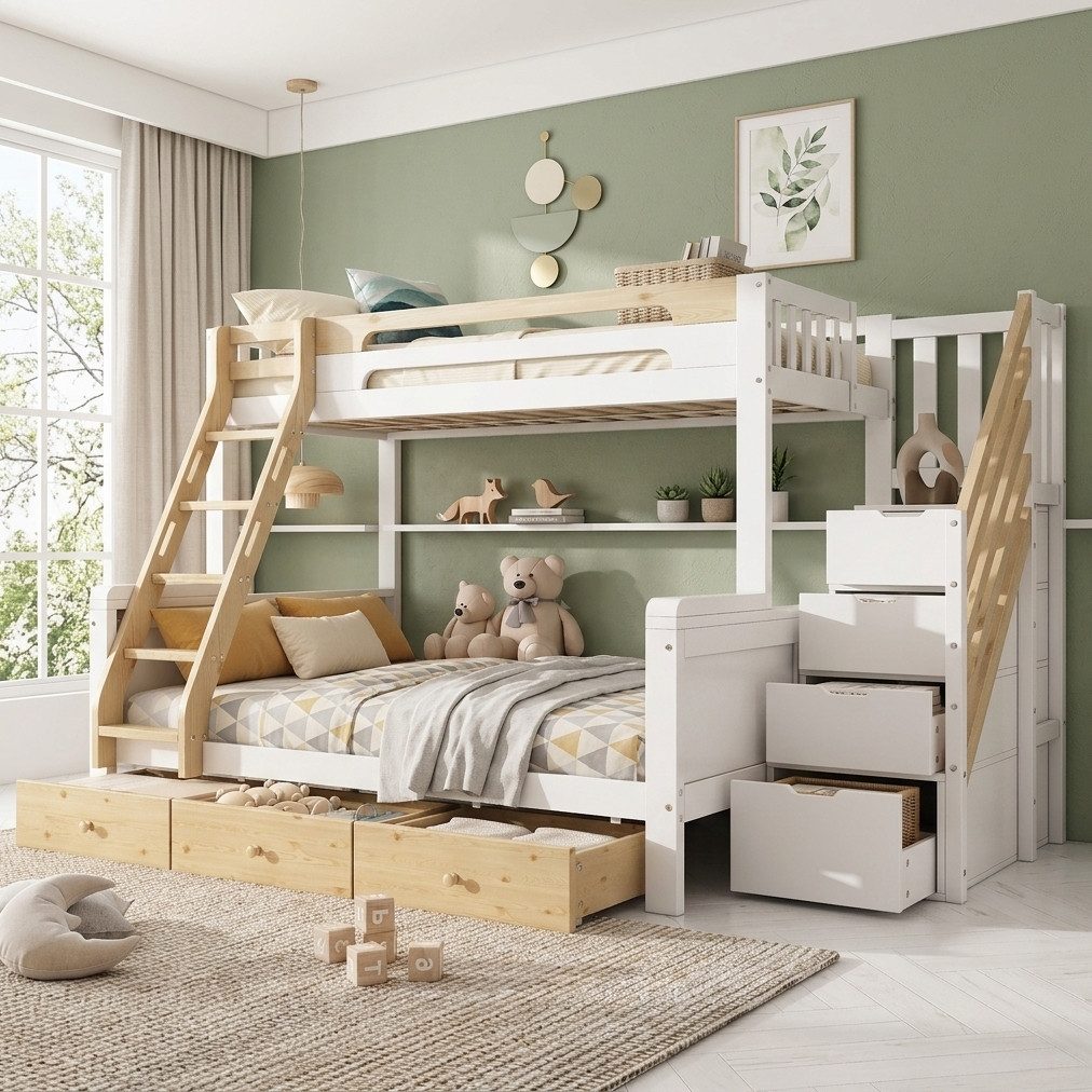 MODFU Etagenbett Kinderbett mit Stauraumleiter, Bettkästen (90x200/140x200 cm Gästebett mit Absturzsicherung und viel Platz, Holzbett Jugendbett für Geschwister im Kinderzimmer), ohne Matratze