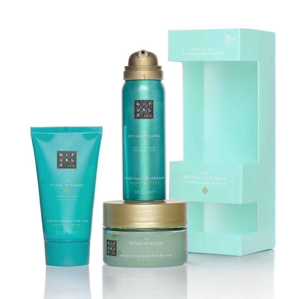 Rituals Körpercreme Rituals The Ritual of Karma Mini-Set Körper & Bad, 3-tlg., Duschschaum, Körperpeeling & Creme mit Lotus & Weißem Tee