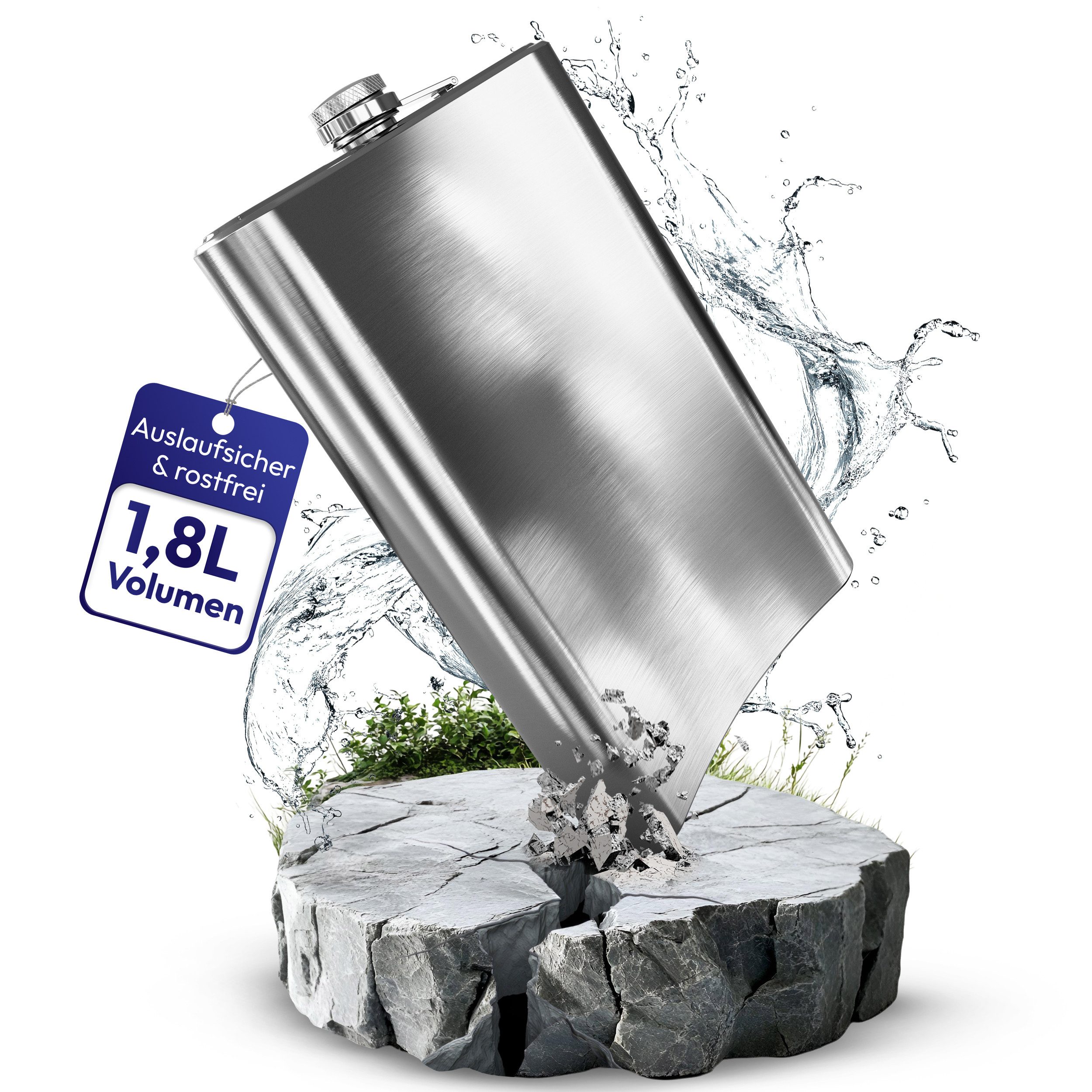 Oramics Flachmann XXL Trinkflasche Edelstahl Silber 1,8L Schnapsflasche mehrweg robust, bruchfeste Taschenflasche 64oz mit Tragetasche