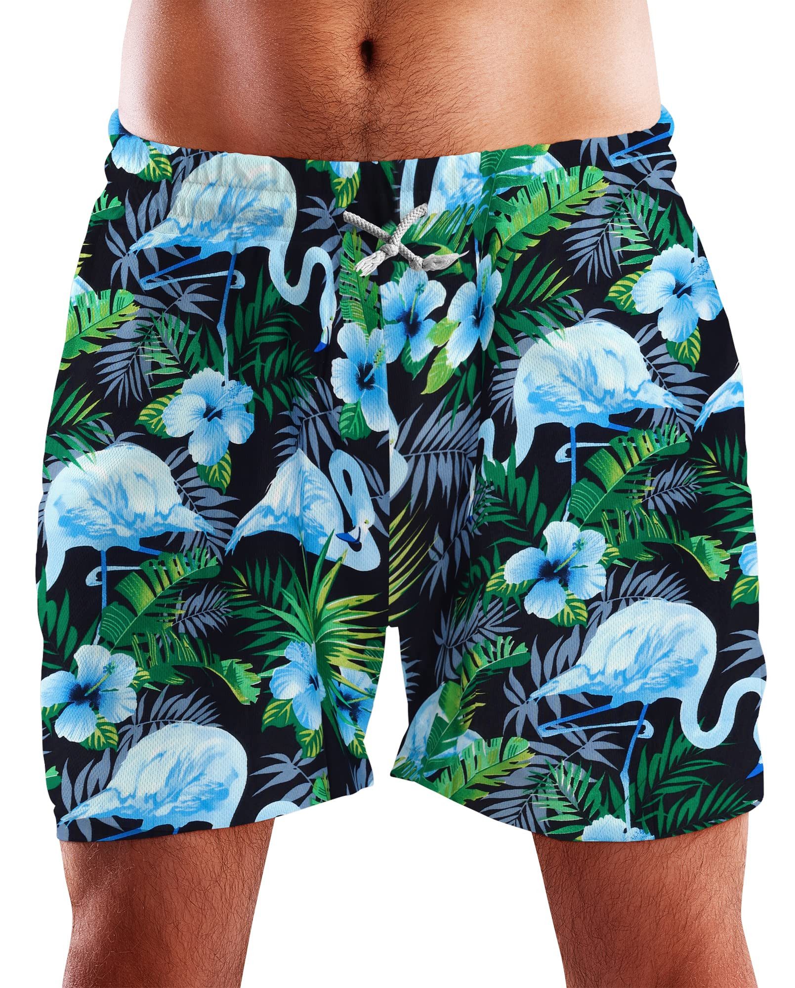 King Kameha Badeshorts Flamingo Flowers Funky Hawaii Bade-Shorts Mesh-Einsatz Kordelzug Mit integriertem Mesh-Innenslip für extra Komfort