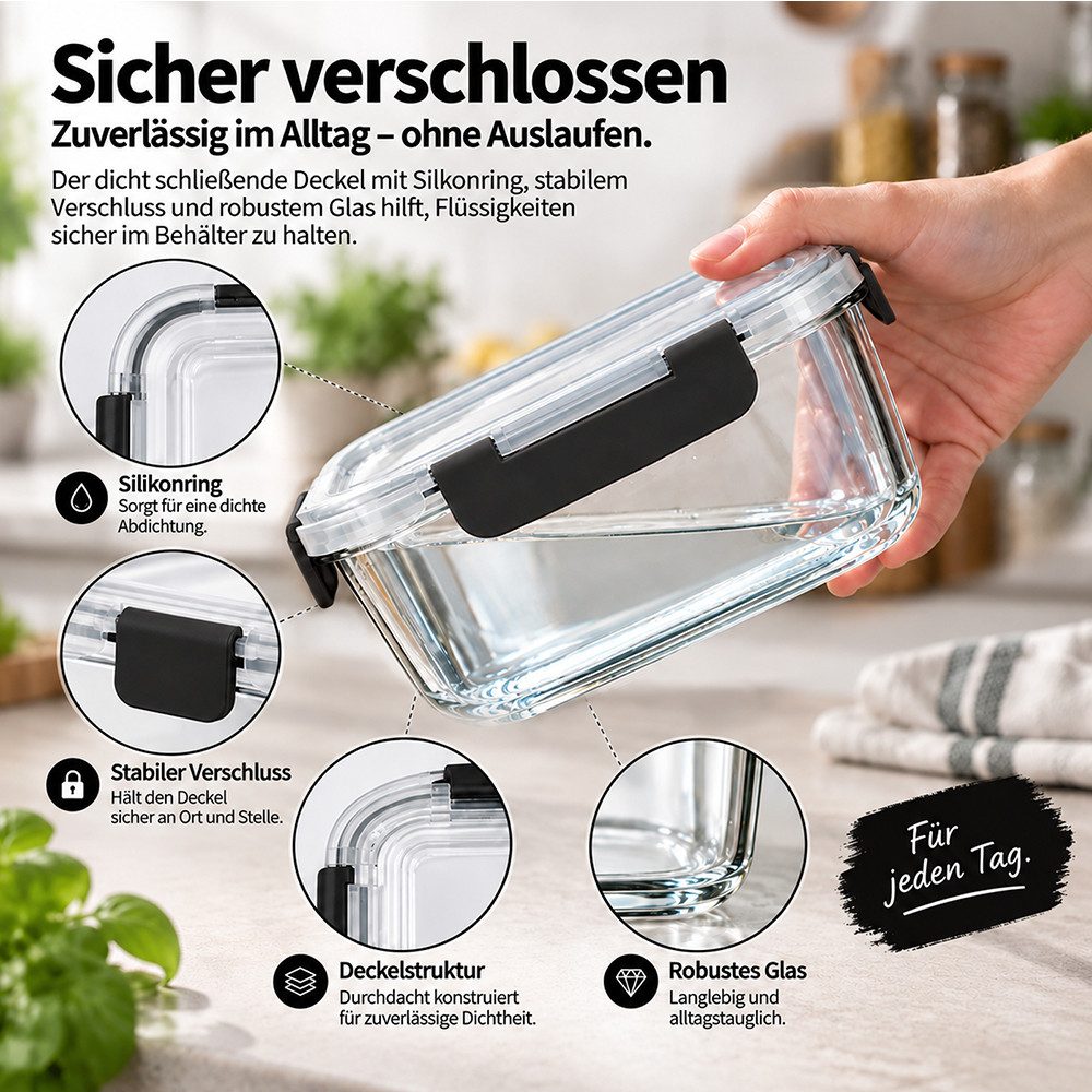 GLIESE Frischhaltedose Glasbehälter mit Deckel, Frischhaltedosen Glas mit Deckel, Borosilikatglas, (Set, 10-tlg., 5 x 1040-ml-Glasbehälter mit Deckel, 5 x 370-m – Bild 3 von 5