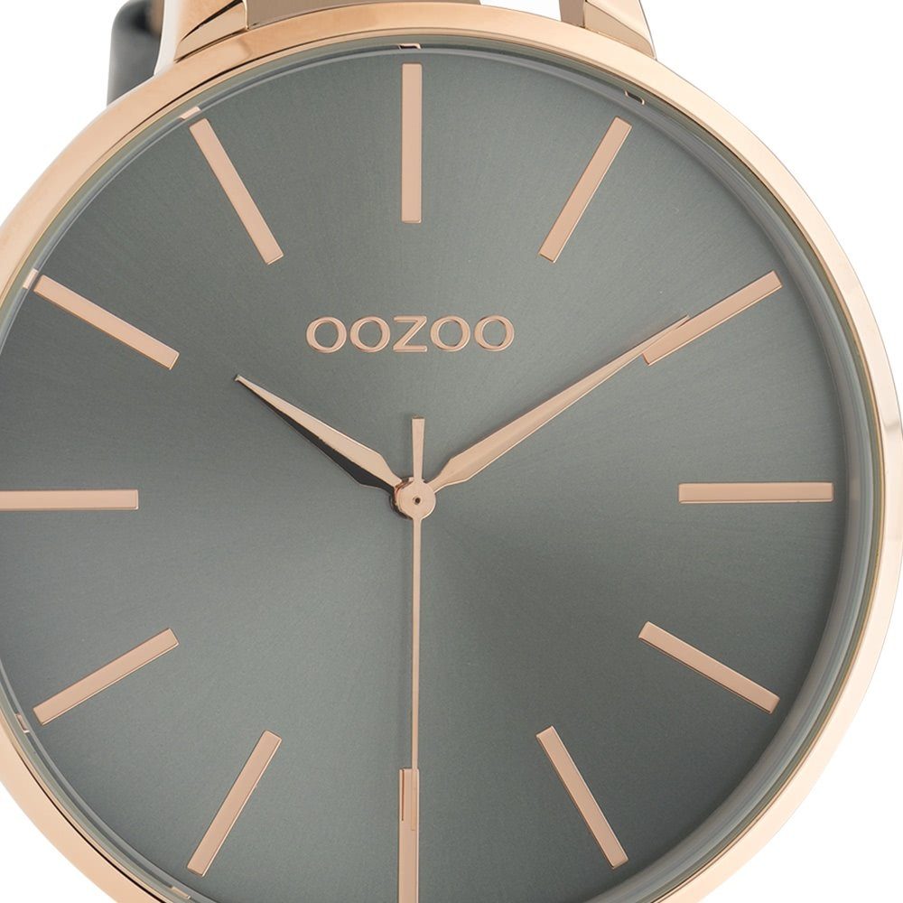 groß rund, Armbanduhr OOZOO (ca. 48mm) extra Lederarmband, Quarzuhr Oozoo Damen Analog, Fashion-Style blaugrau Damenuhr