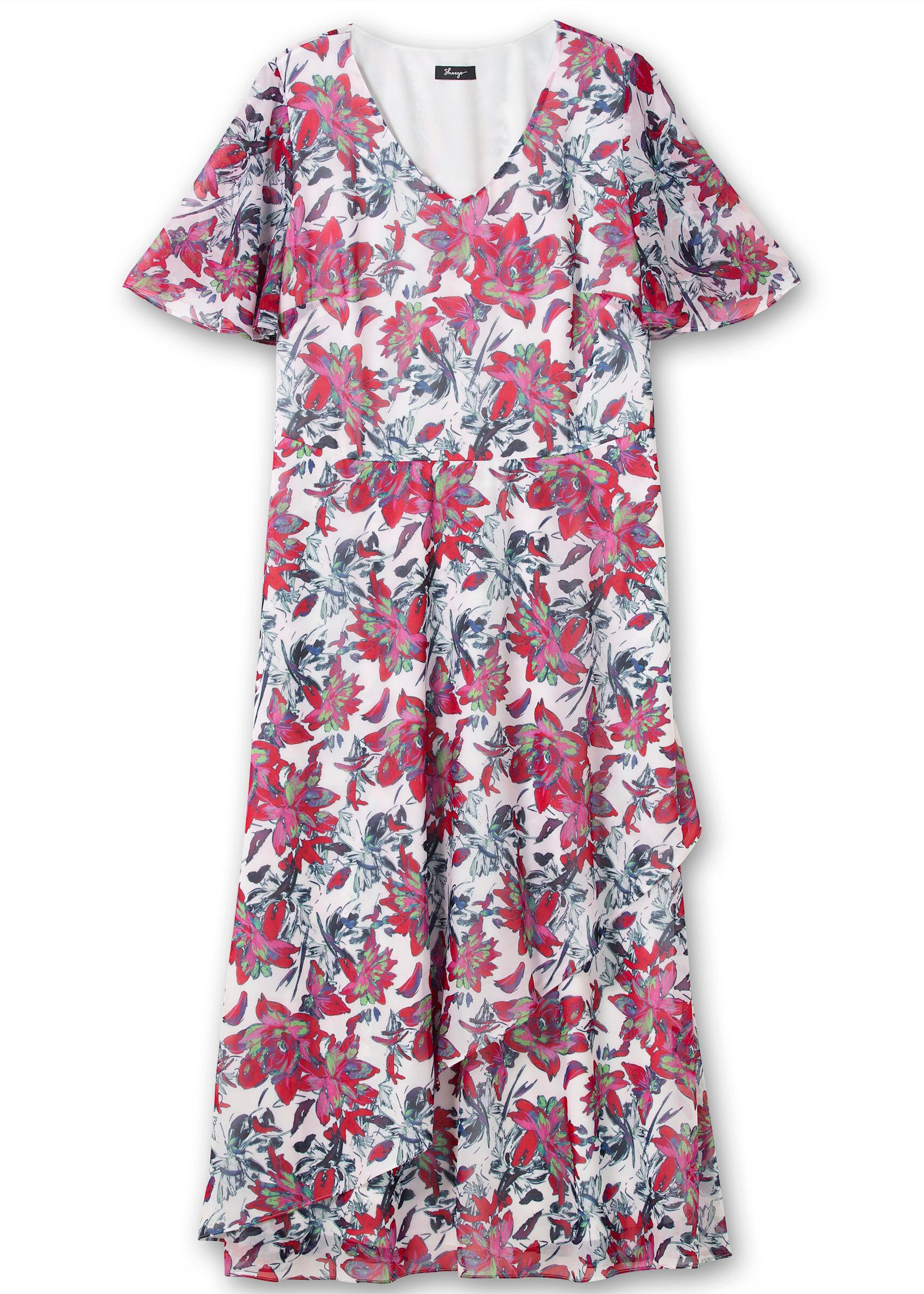 Sheego Etuikleid Abendkleid Kurzarm mit Blumenprint, blickdicht gefüttert