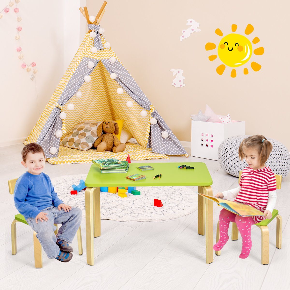 Holz mit 2 Kinderstühlen, Kindersitzgruppe, Kindertisch Grün COSTWAY