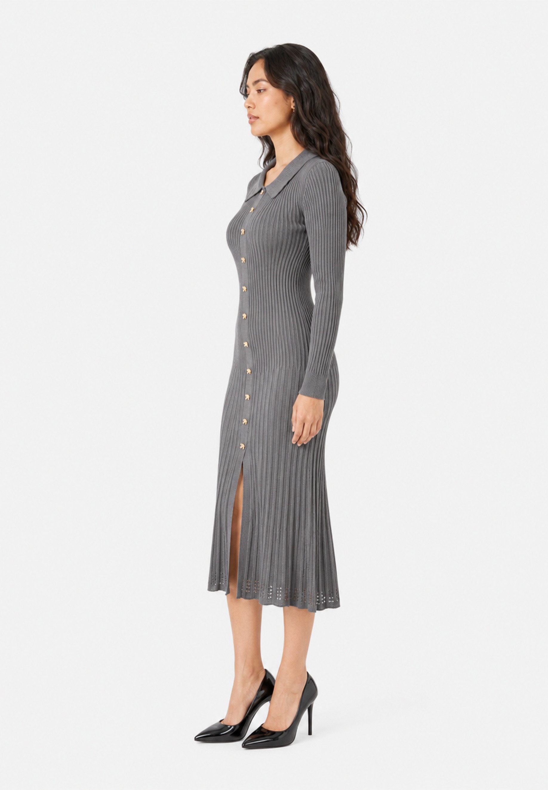 Elara Maxikleid – Langes Damen Strickkleid mit Kragen und Zierknöpfen im Rippstrick – Bild 3 von 5