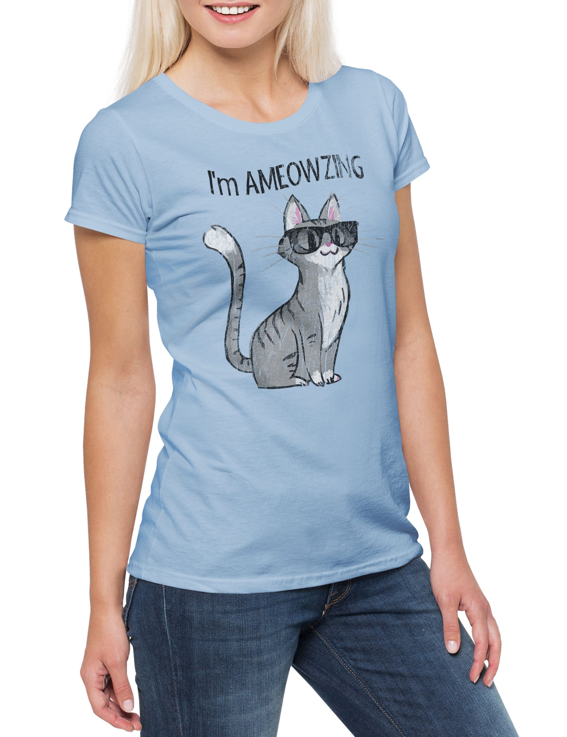Print-Shirt Ameowzing Cat Damen T-Shirt Katzen Kätzchen Kater Katze Cat Kitty