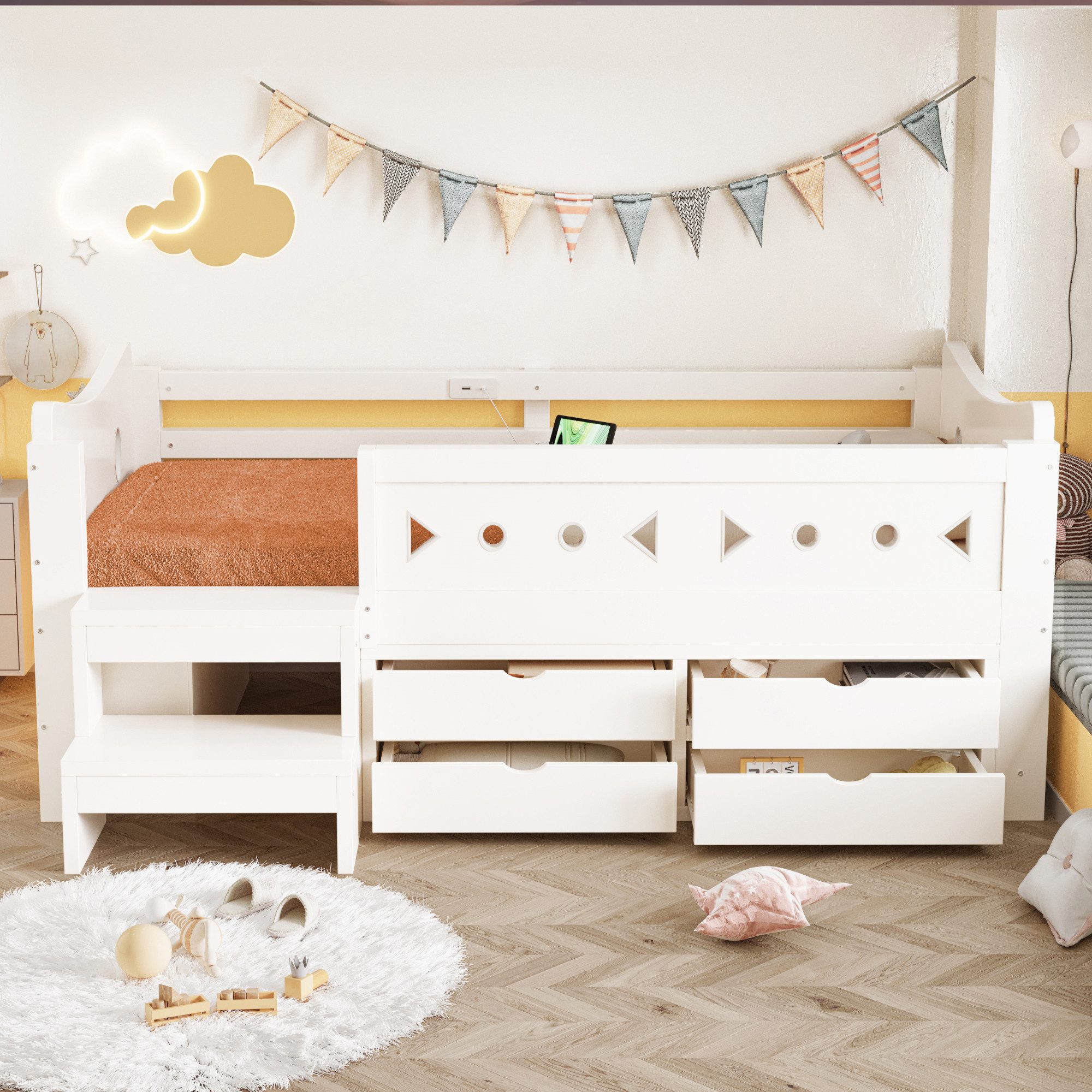 Merax Kinderbett 90×200cm mit LED-Beleuchtung und USB- & Typ-C-Anschluss (1-tlg., Einzelbett Hausbett aus Kiefernholz), Jugendbett mit 4 Schubladen, Sicherheits – Bild 3 von 5