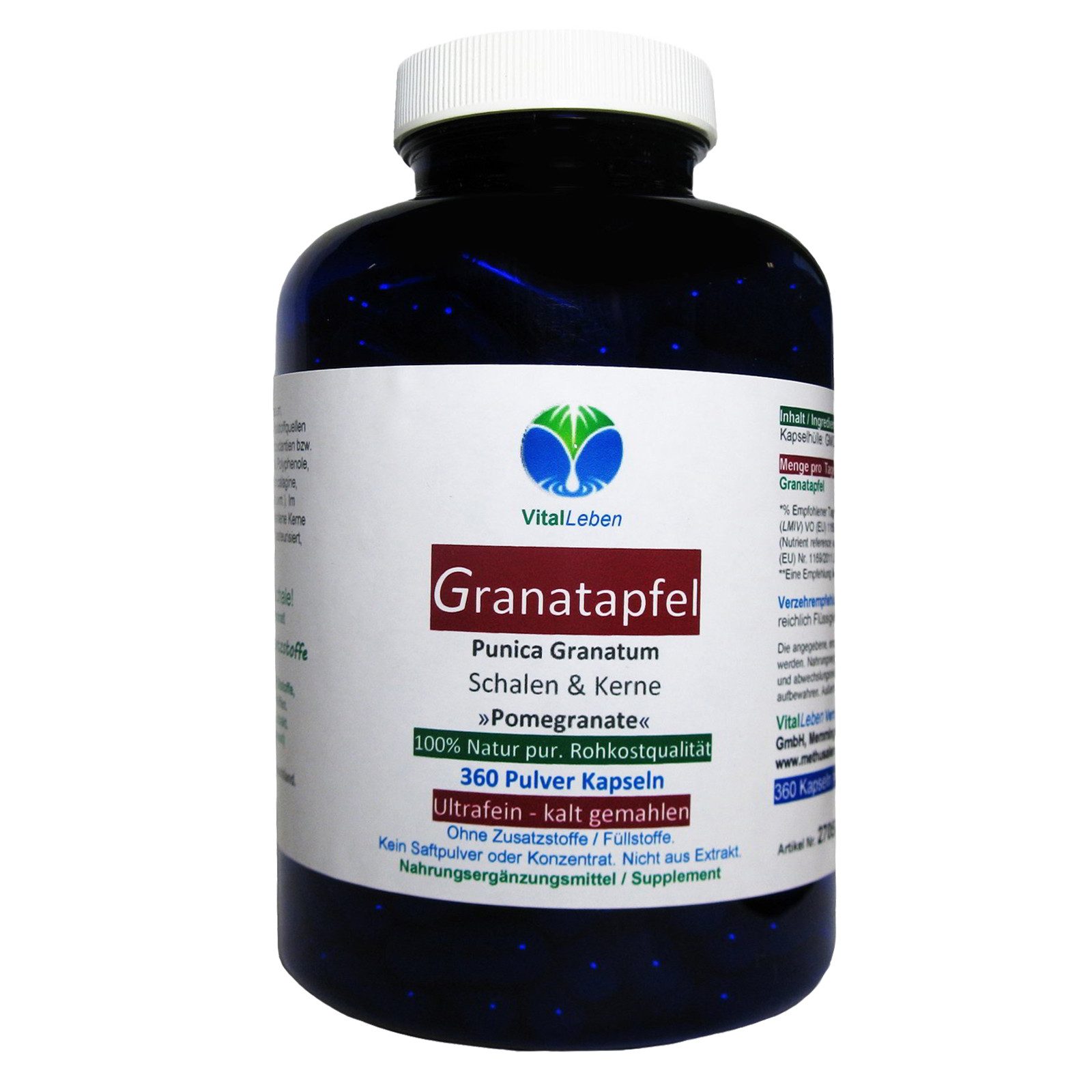 VitalLeben Granatapfel Schalen & Kerne Mega Antioxidantien OHNE Zusatzstoffe Kapseln, 1 er Dose à 360 St., 162 g