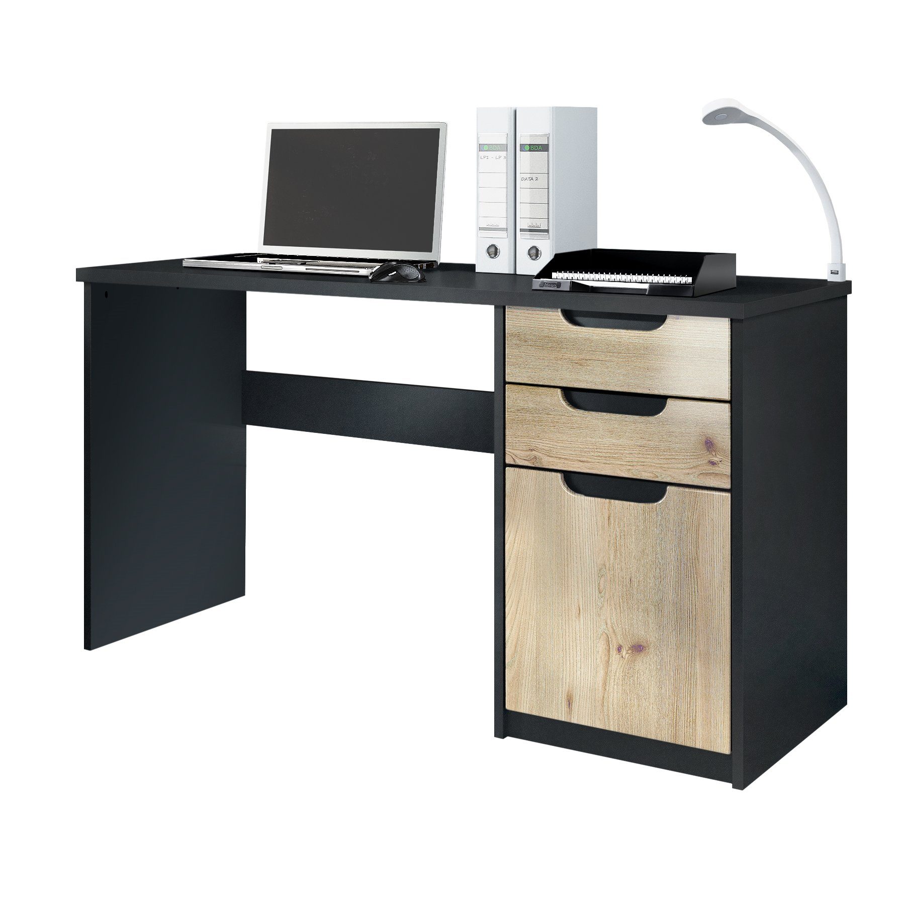 Vladon Schreibtisch Logan (Bürotisch, mit 2 Schubladen und 1 Tür), Schwarz matt/Eiche Nordic (129 x 76 x 60 cm)