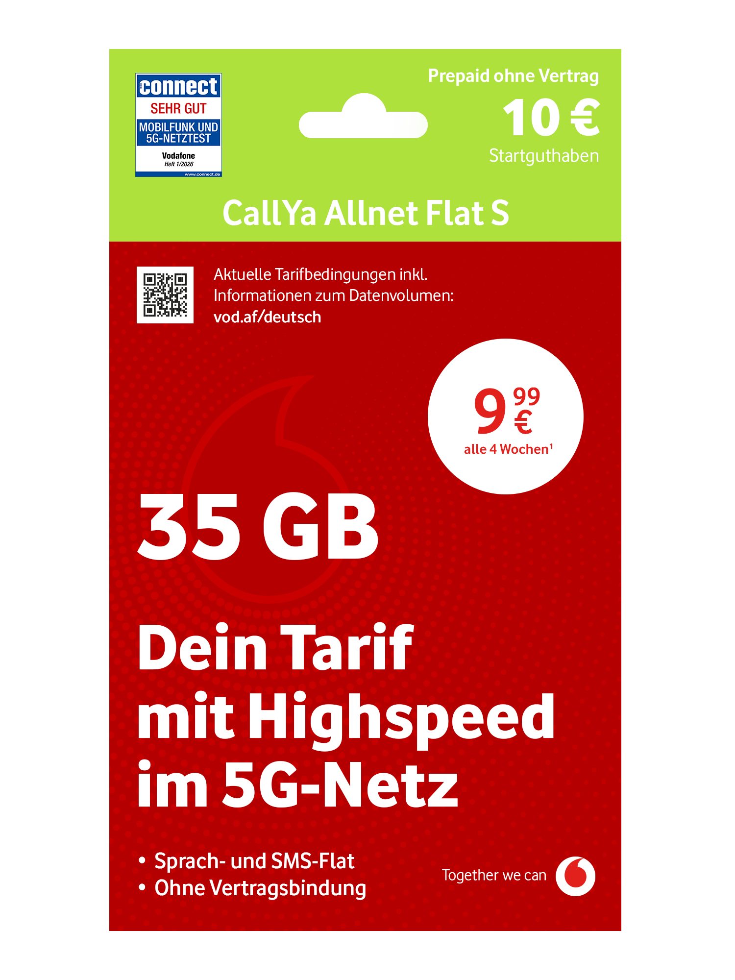 Vodafone CallYa Allnet S Prepaidkarte, (Jetzt 35 GB, 10 € Startguthaben, ohne Vertrag, 5G, Allnet-Flat)