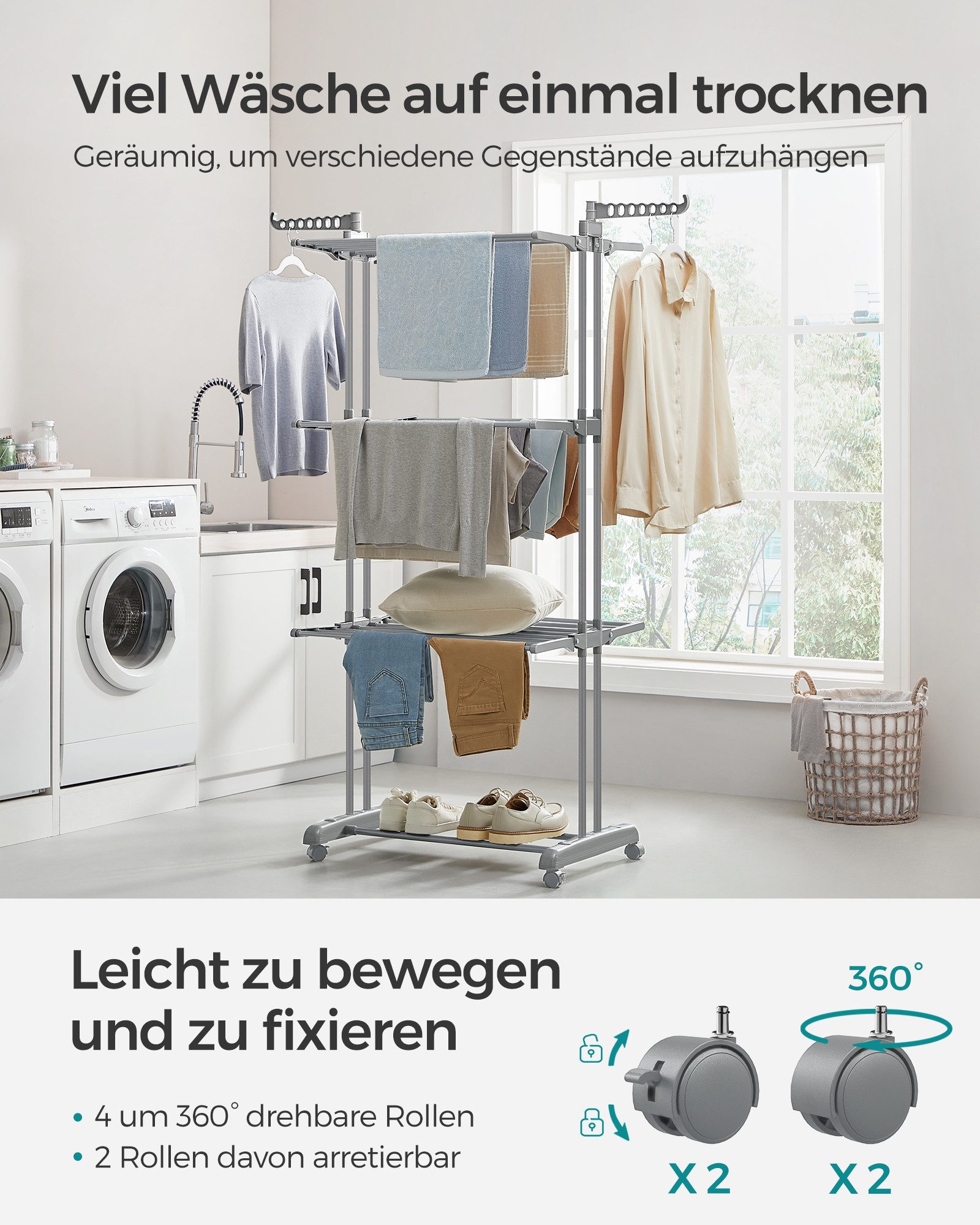 SONGMICS Wäscheständer Turm Standtrockner 4 Ebenen, Flügelwäscheständer, einfacher Aufbau, klappbare Flügel, mit Rollen, 63,5 x 128 x 173 cm