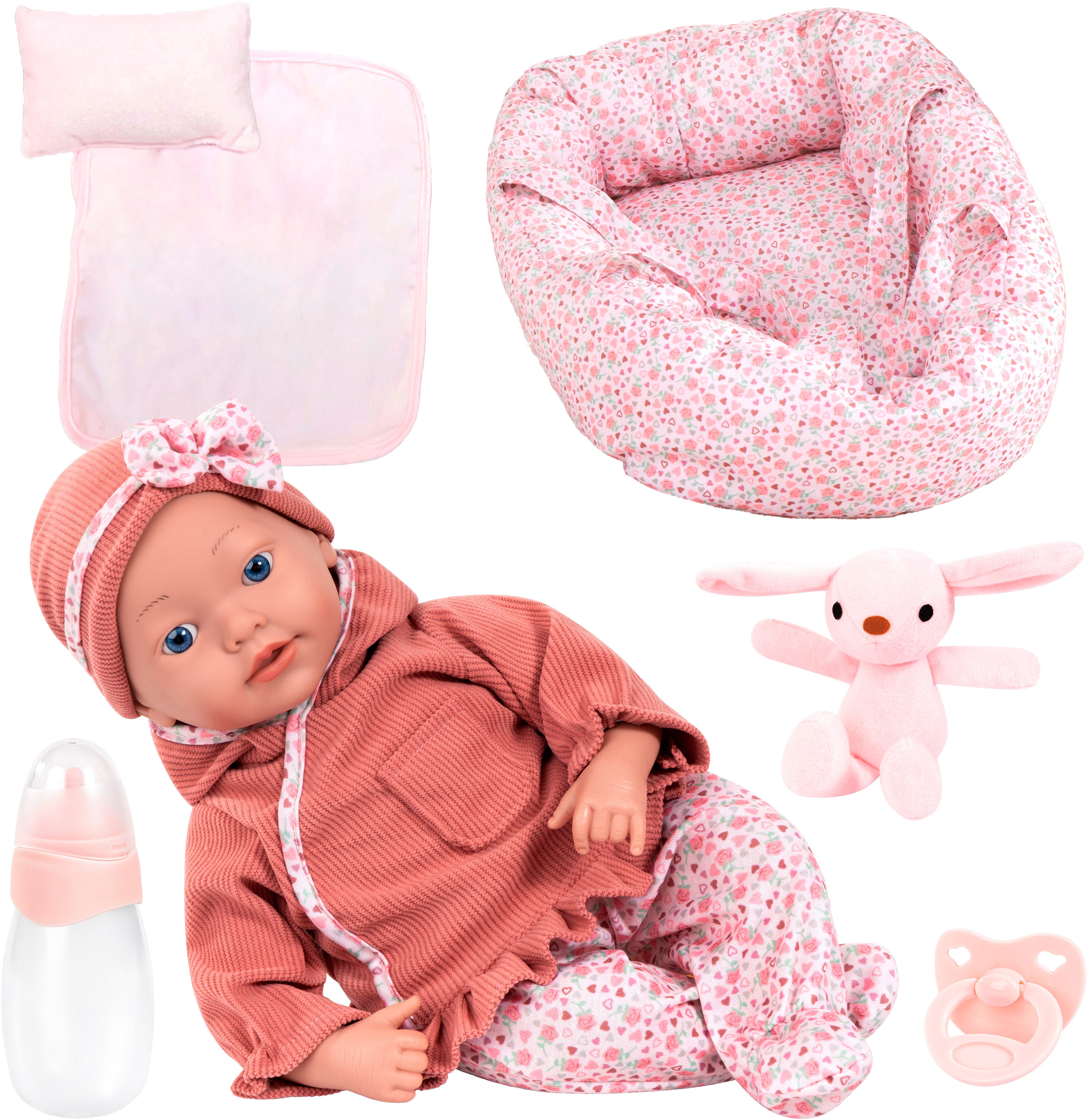 Bayer Babypuppe Reborn 38 cm Set mit Kuscheltasche, sieht aus wie ein echtes Baby