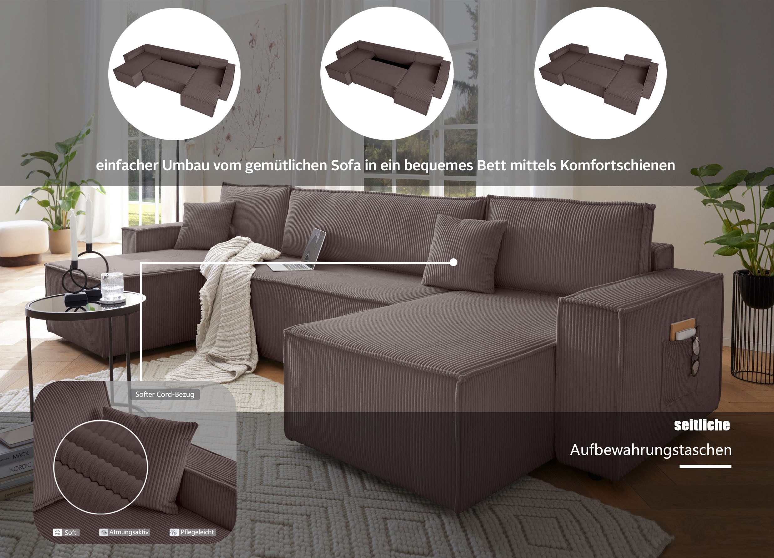 OTTO home Wohnlandschaft CASSI L-Form, 311cm - OTTO. Verlässliche Qualität., Schlaffunktion (133/270), Bettkasten, Cord, Unser Tiefpreis