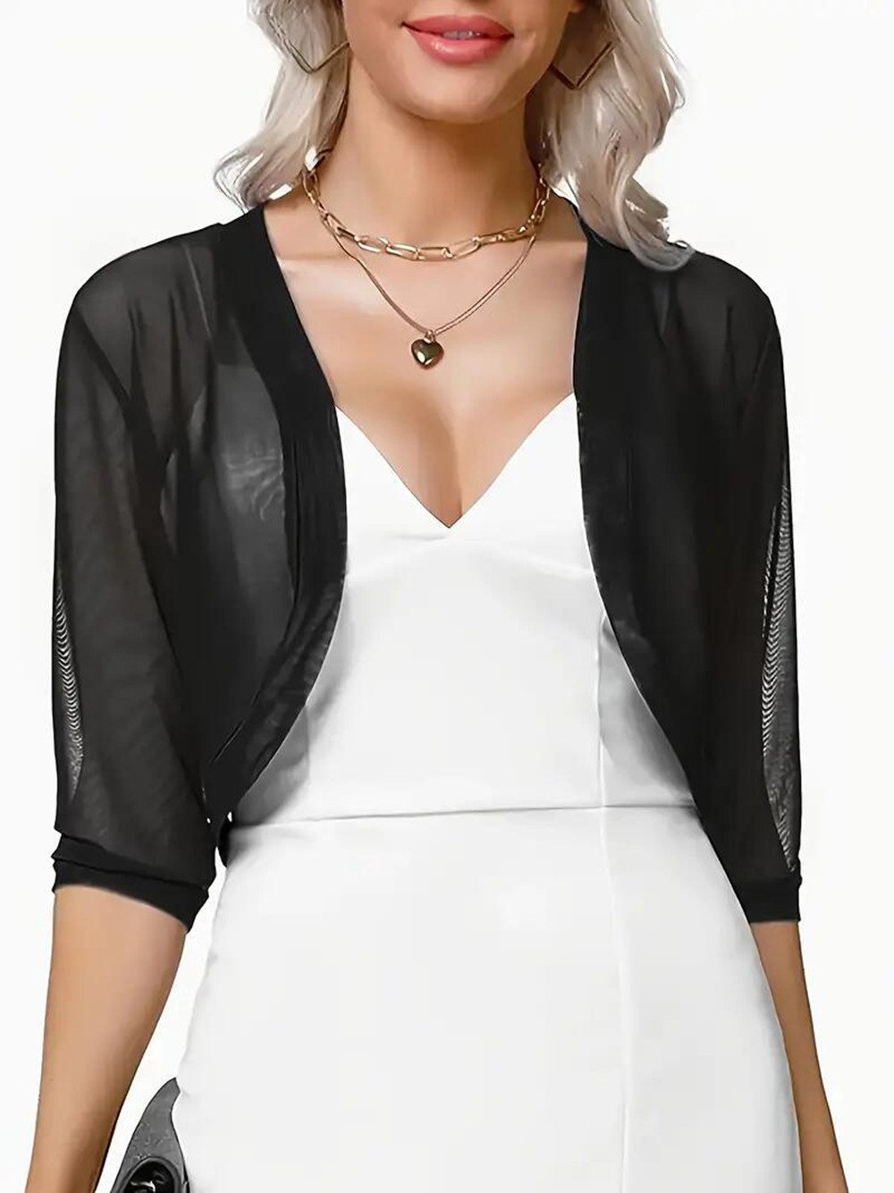 Zaewry Bolero Damen-Bolero aus Chiffon,Kurz Strickjacke Damen Offene 3/4 Ärmel Damen-Schaljacke / Cardigan — Leicht, kurzer Schnitt