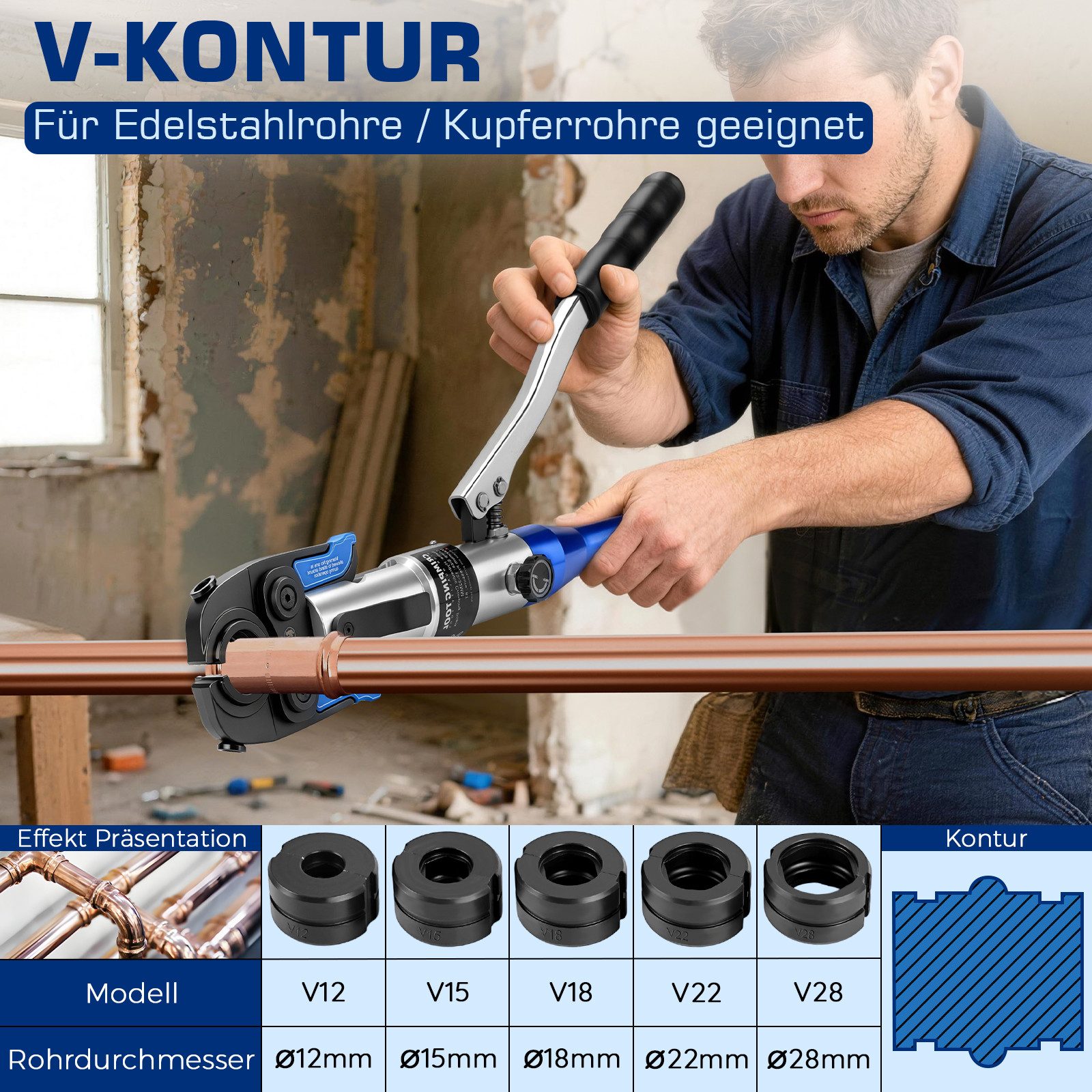 XERSEK Rohrzange 80kN Offenen-Krönbacken Presszange Hydraulische Rohrpresszange, Set 14-tlg., Presswerkzeug mit TH/V-Pressbacken und Rohrschneider, für Edelstahl, Kupfer, PEX & Verbundrohre, 12–32 mm