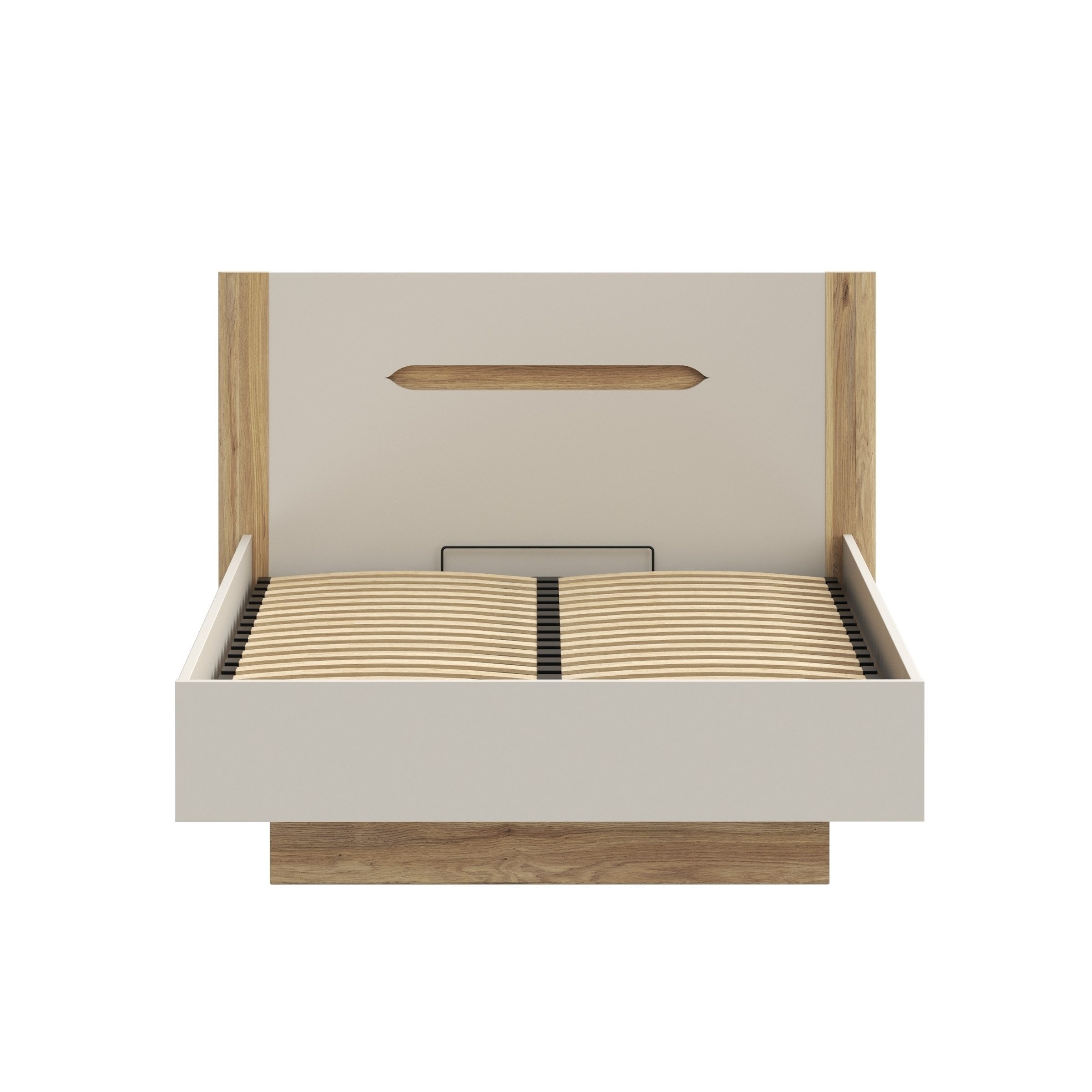 PREISBRECHER Stauraumbett EDWAL, Lift-Lattenrost, sandfarbig / Eiche Dekor - 156,2x105,7x206,6cm BxHxT