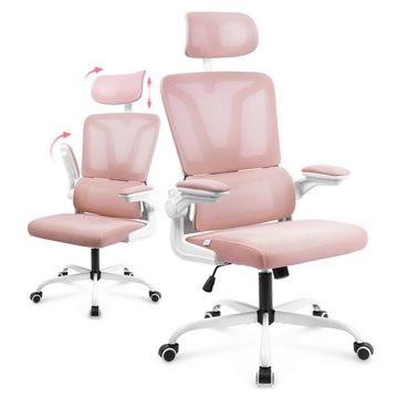 AUFUN Bürostuhl Ergonomischer Drehstuhl mit verbtellbarer Kipfstiitze, Rosa&Grau