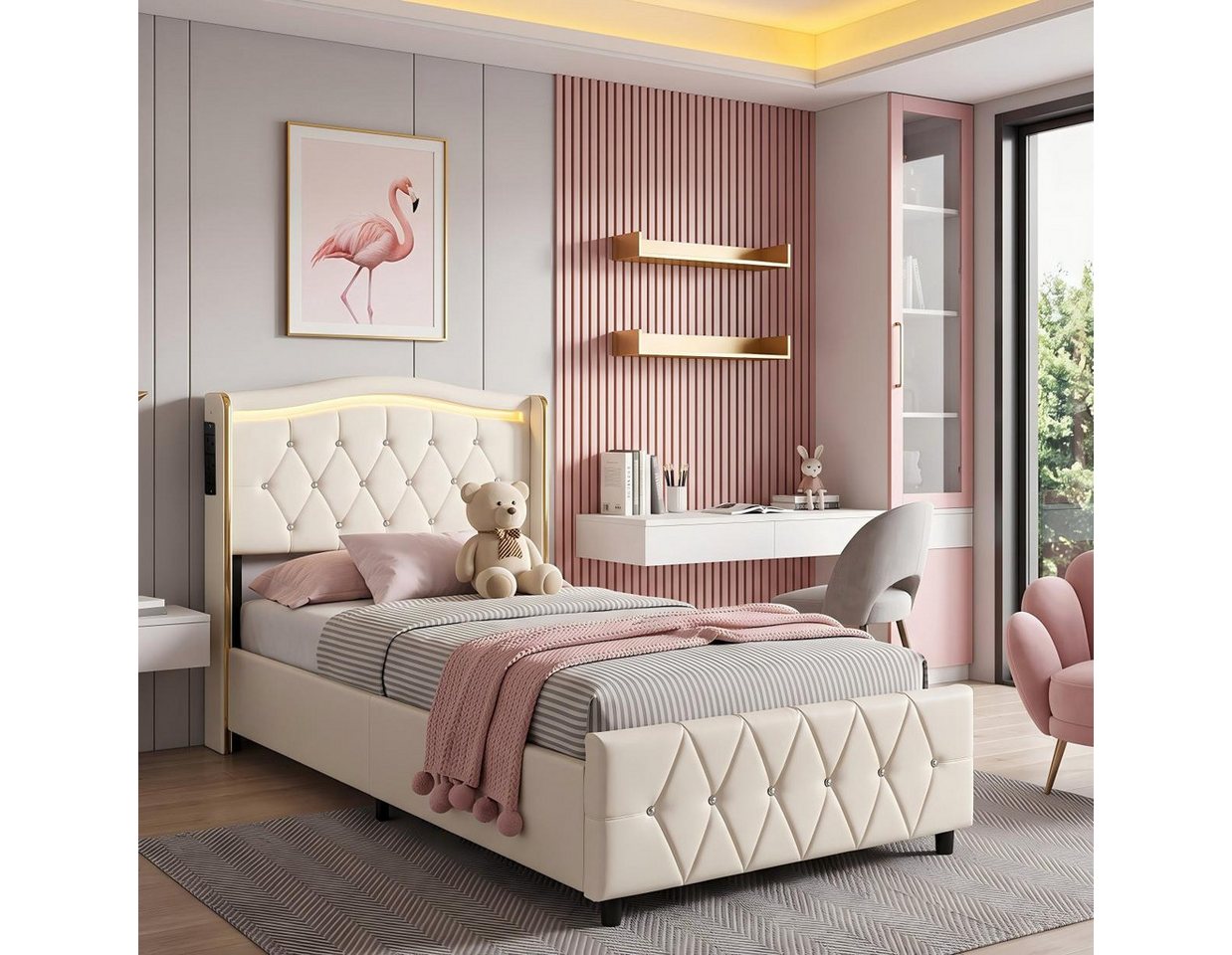 oyajia Polsterbett LED Doppelbett Stauraumbett mit Kopfteil und 4 Schubladen (Mit Lattenrost und Ladefunktion, PU-Leder materia Polsterbett), mit Komforthöhe, Leises Design Bett