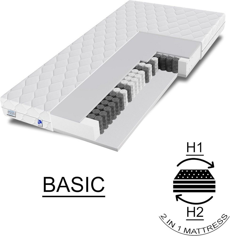 Taschenfederkernmatratze orthopädische 7-Zonen, zwei unterschiedlich feste Liegeseiten, TULENA, Wendematratze, Größe: 80 x 200 cm, H1 + H2 Basic