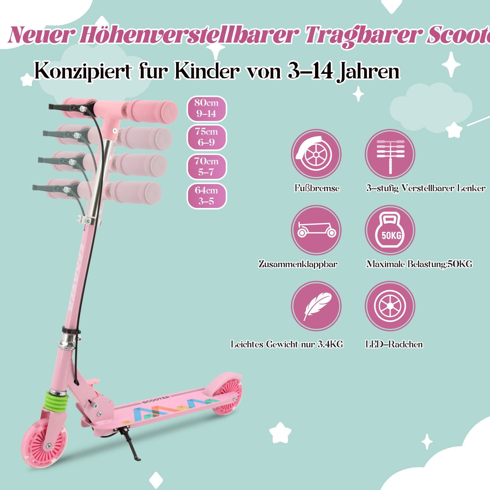 YEE RUN Cityroller für Kinder von 3-14 Jahren, faltbar, 50KG Max.