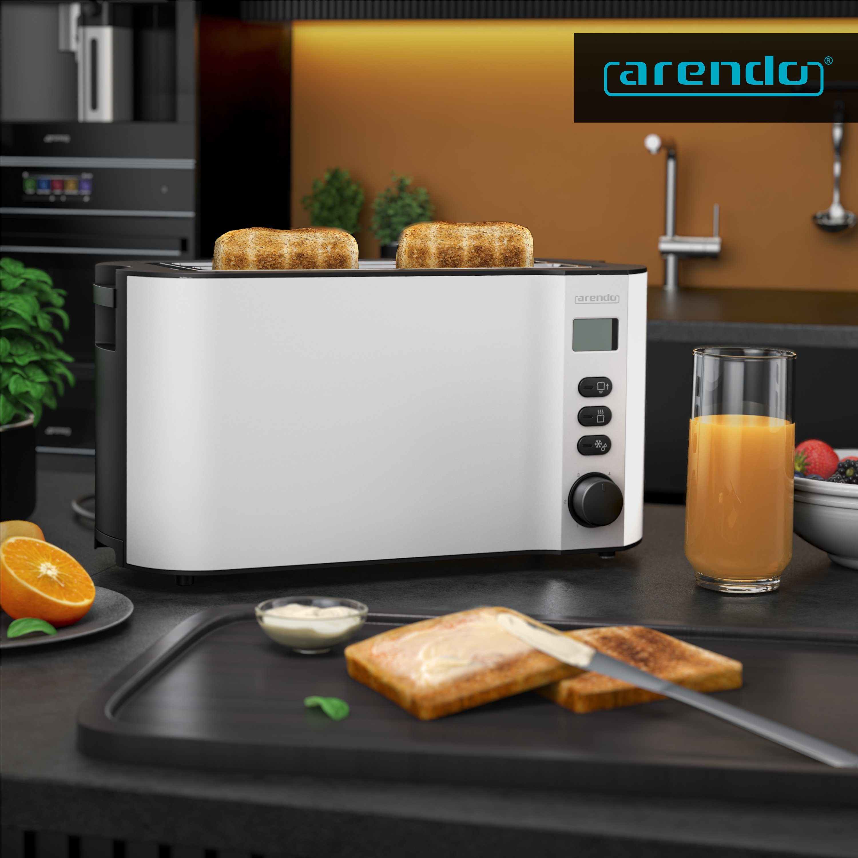 Arendo Toaster Edelstahl, Langschlitz, Display mit Restzeitanzeige, Brötchenaufsatz, 2 lange Schlitze, für 4 Scheiben, 1500 W, Defrost Funktion, Wärmeisolierendes Gehäuse, mit Krümelschublade