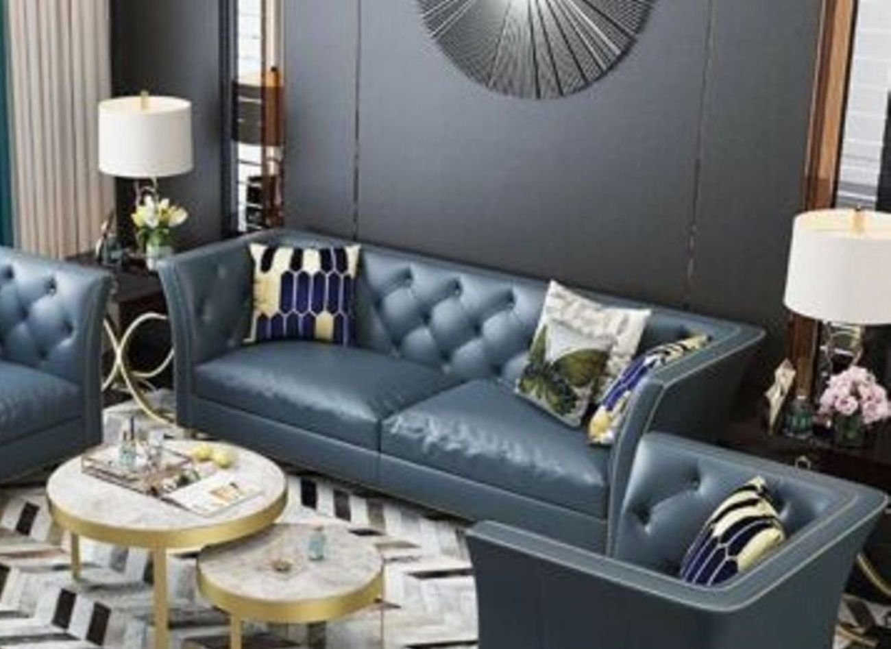 Blau Dreisitzer Polster JVmoebel Zimmer Design Made 3-Sitzer Europe Chesterfield, Sofa 3er in Couch