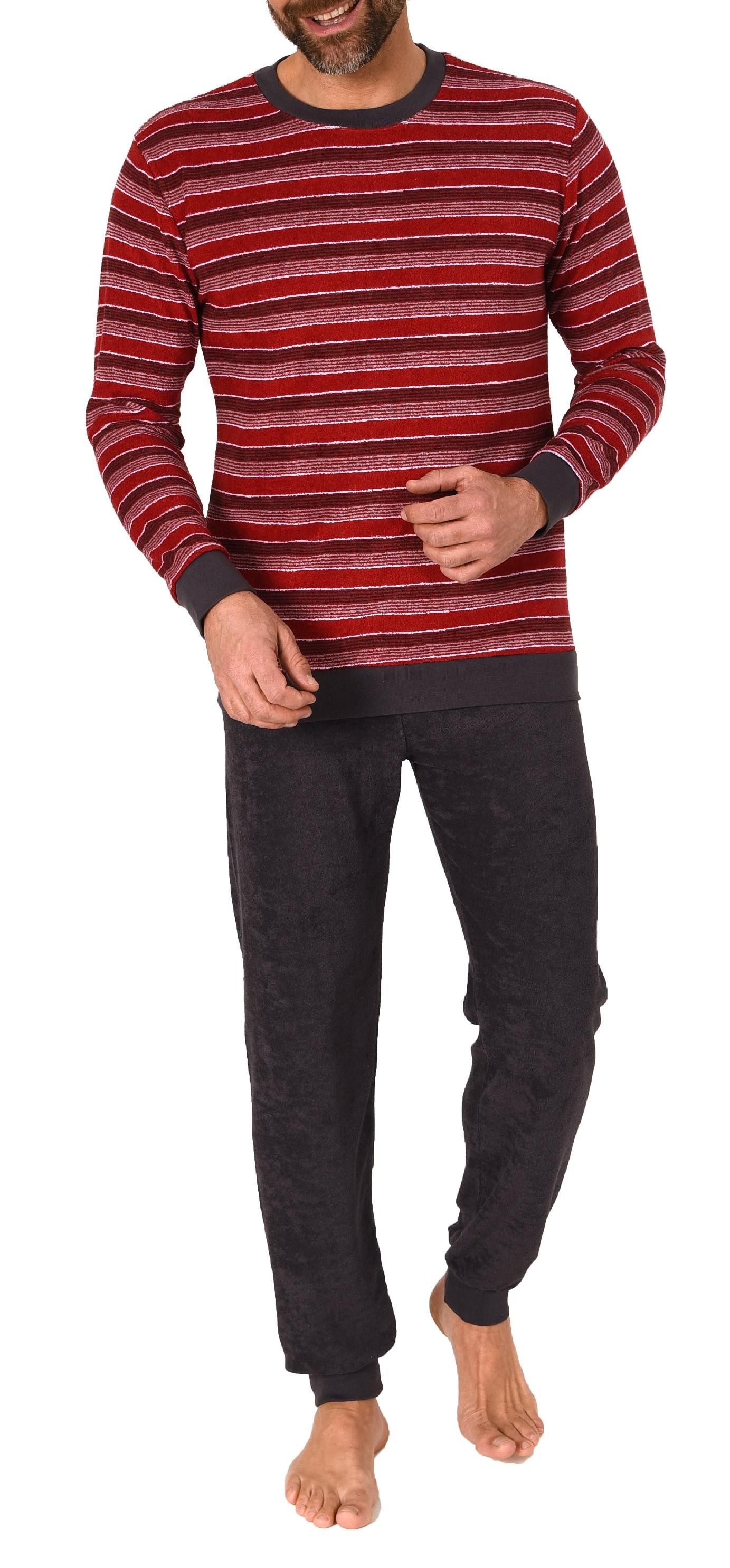 Normann Pyjama Herren Frottee Schlafanzug lang, Pyjama mit feinem Ringel-Muster