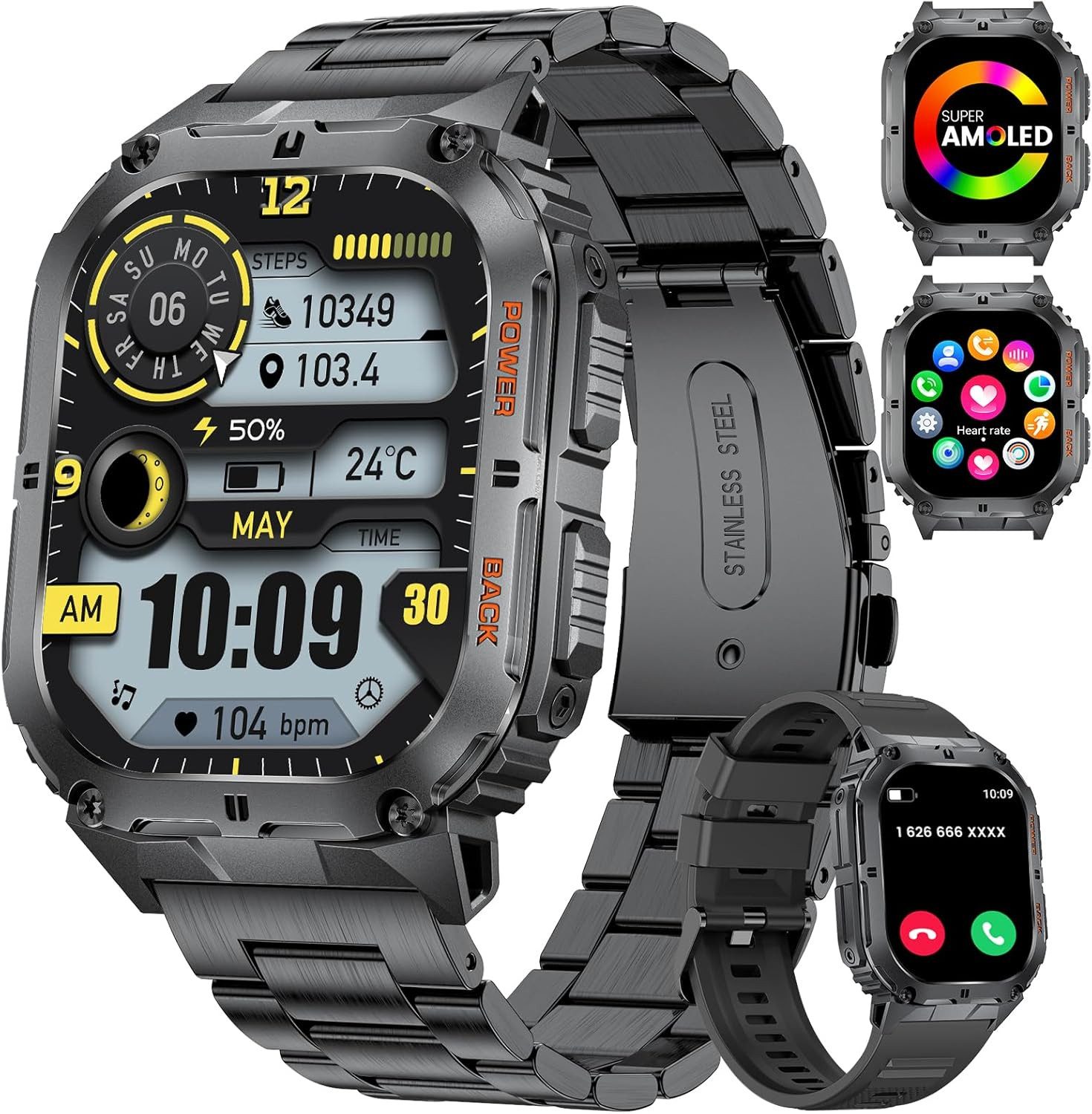 Lige SML17-D-JF Smartwatch (4,9 cm, Android ios), Robuste 1,95" Herren-Smartwatch mit AMOLED und Fitnessfunktionen
