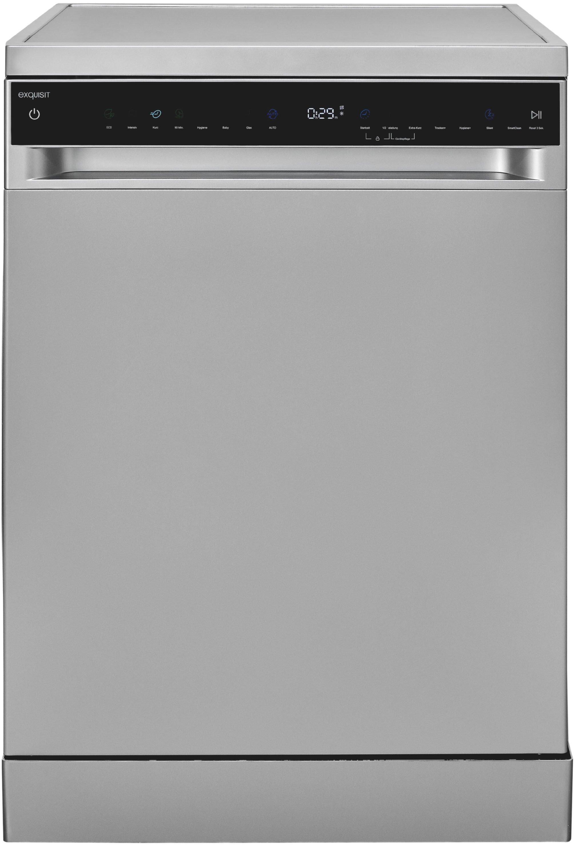 exquisit Standgeschirrspüler GSP9316-450C silber, 10,9 l, 16 Maßgedecke, 16 Maßgedecke, LED, Besteckschublade, Auto Door Open, AquaStop