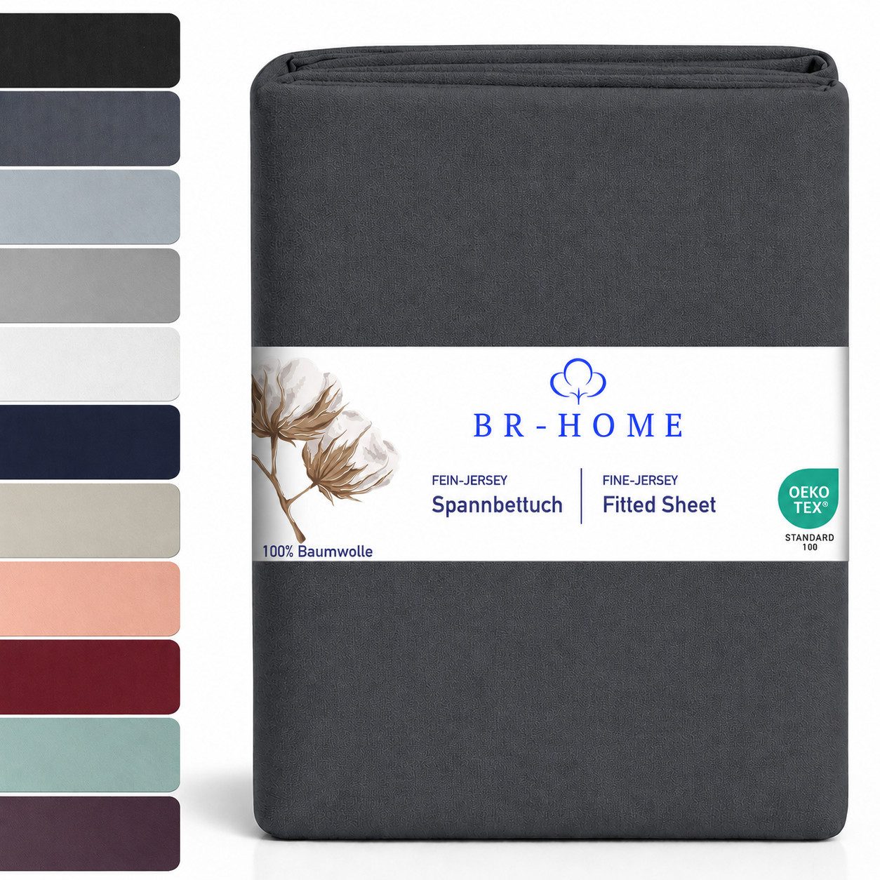 BR-Home Spannbettlaken bis zu 25cm, 100% Baumwolle Jersey Bettlaken, Spannbetttuch 145 g/m², Gummizug: rundum, (1 Stück), Rundumgummi, Atmungsaktiv