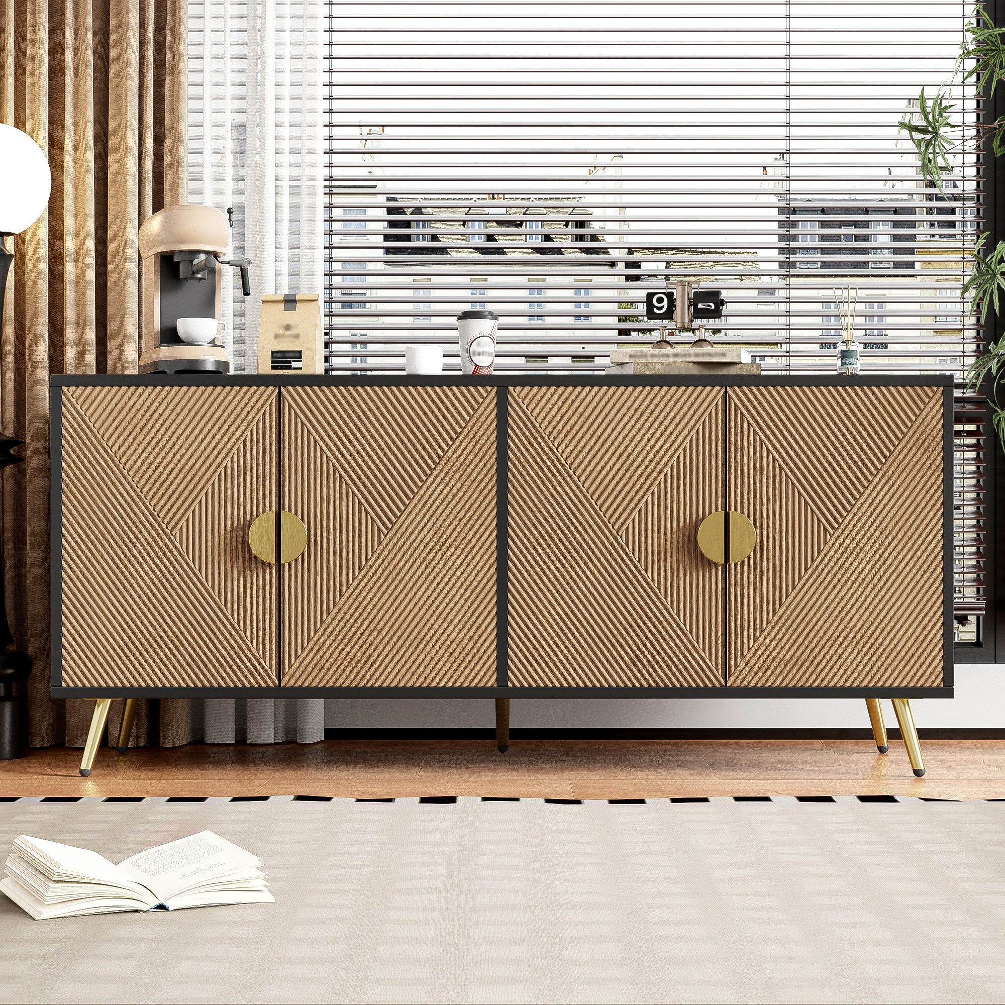 Flieks Sideboard Mehrzweckschrank mit 4 Türen, Halbkreisförmiger goldener Metallgriffen (B160/T40/H75 cm, 1 St), Mehrzweckschrank Multifunktionsschrank mit 4 Fächern Natur&Schwarz